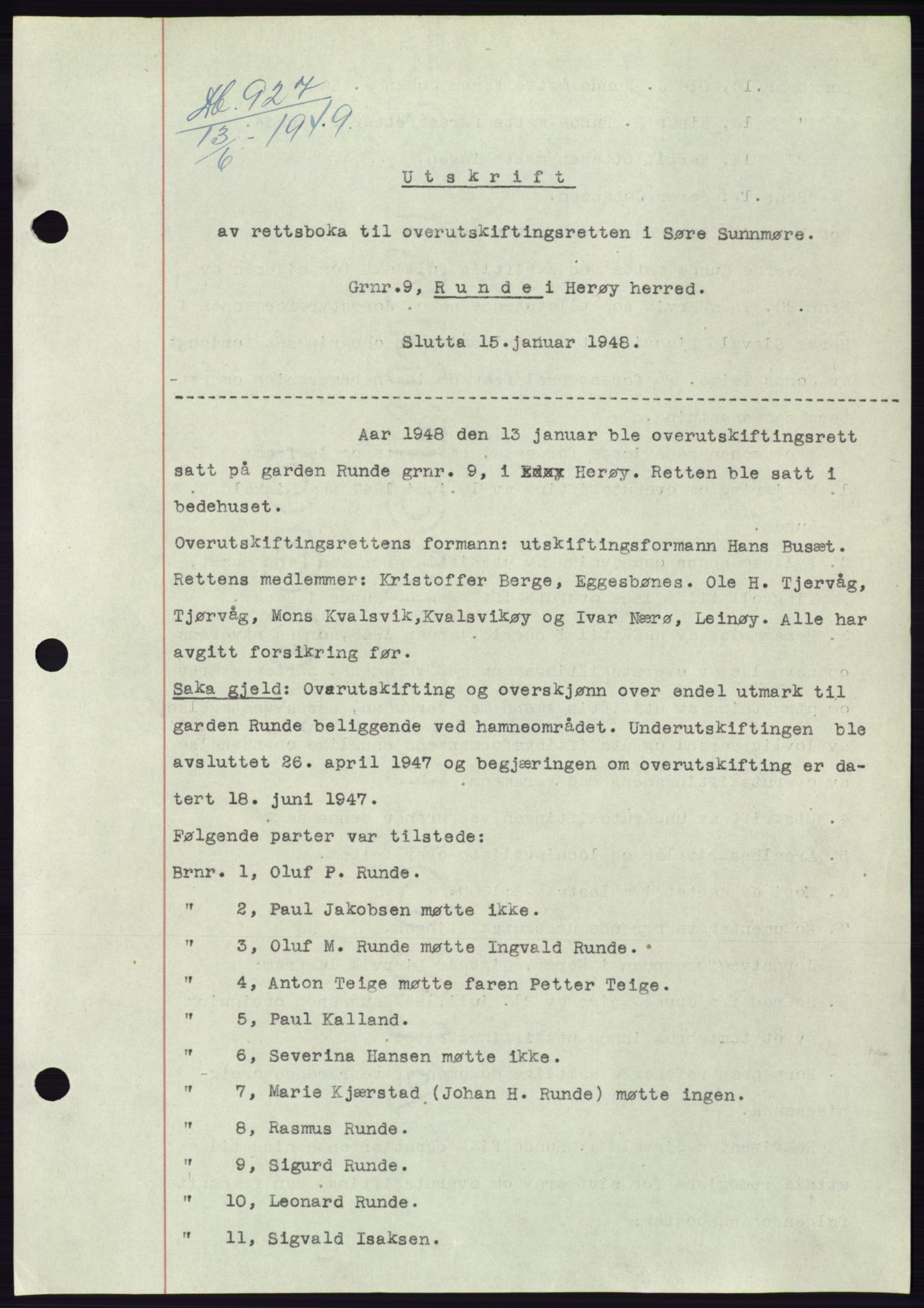 Søre Sunnmøre sorenskriveri, SAT/A-4122/1/2/2C/L0084: Mortgage book no. 10A, 1949-1949, Diary no: : 927/1949