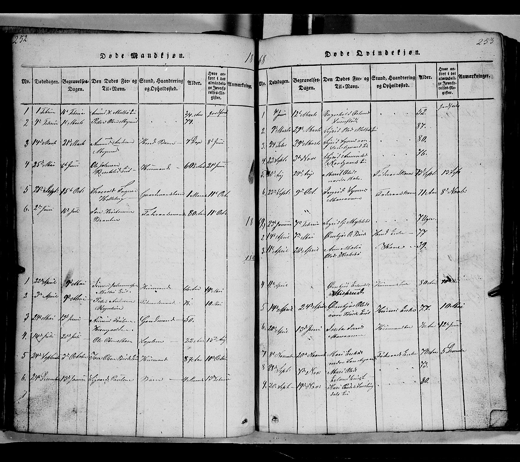 Gausdal prestekontor, SAH/PREST-090/H/Ha/Hab/L0002: Parish register (copy) no. 2, 1818-1874, p. 252-253