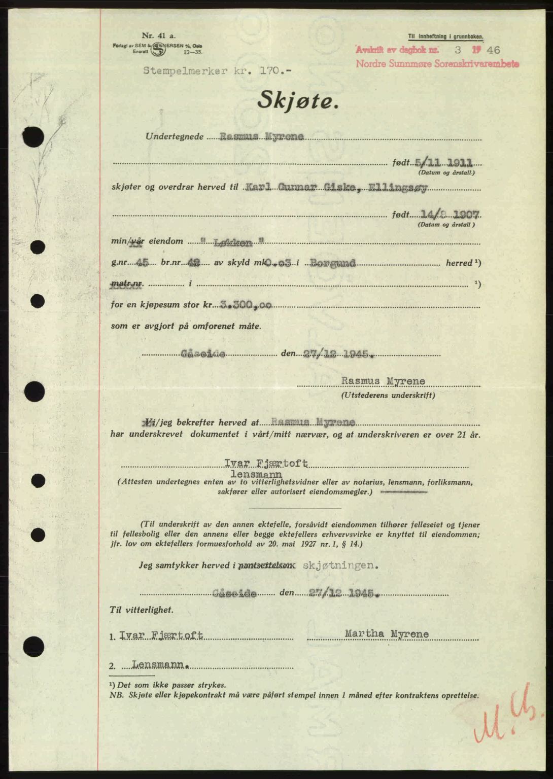 Nordre Sunnmøre sorenskriveri, AV/SAT-A-0006/1/2/2C/2Ca: Mortgage book no. A20b, 1946-1946, Diary no: : 3/1946