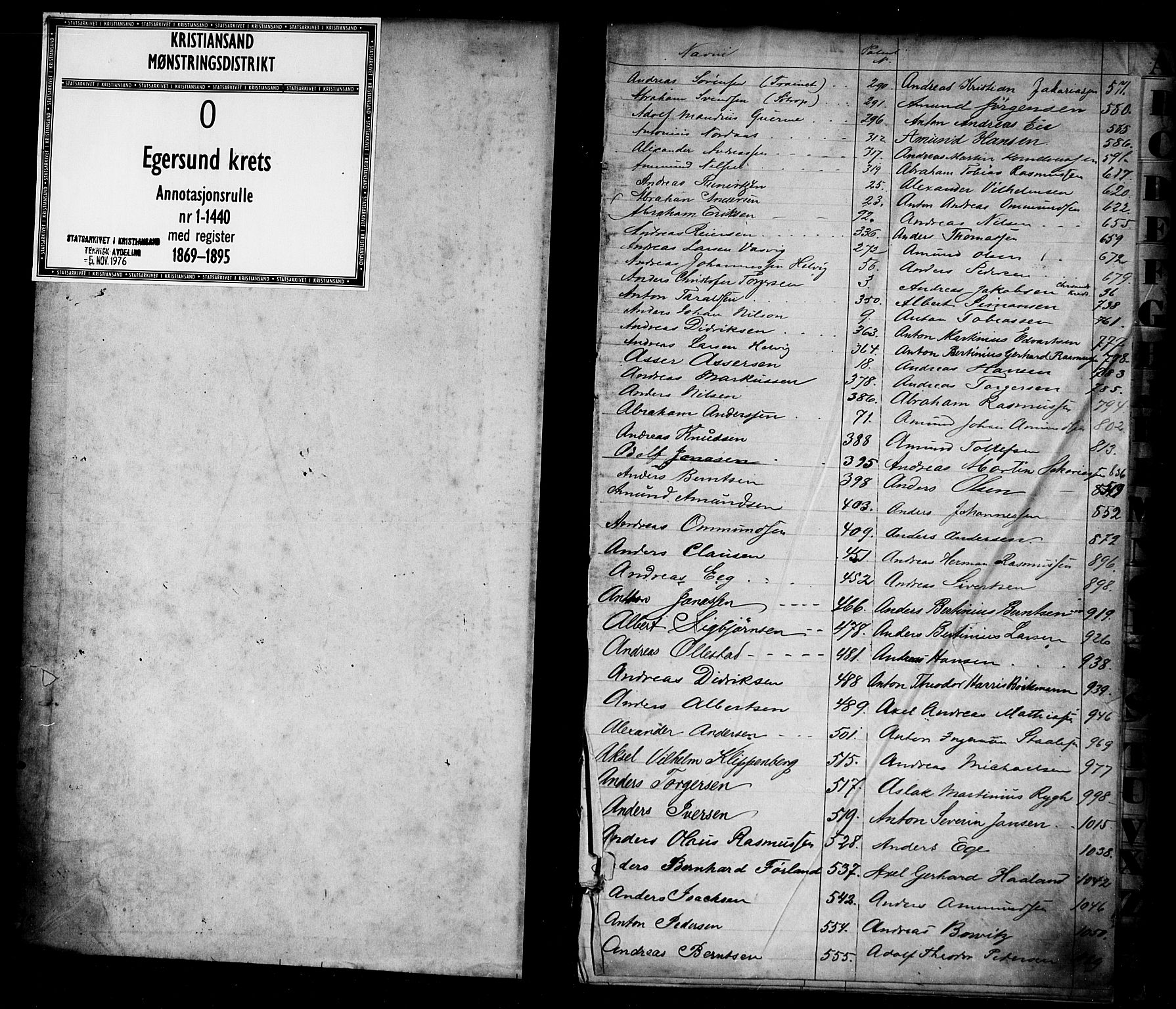 Egersund mønstringskrets, SAK/2031-0019/F/Fa/L0001: Annotasjonsrulle nr 1-1440 med register, O-1, 1869-1895, p. 1