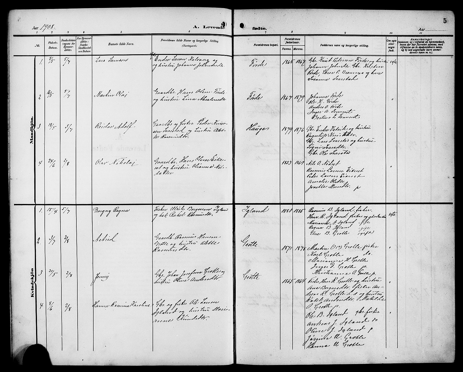 Bremanger sokneprestembete, SAB/A-82201/H/Hab/Habc/L0001: Parish register (copy) no. C 1, 1908-1919, p. 5