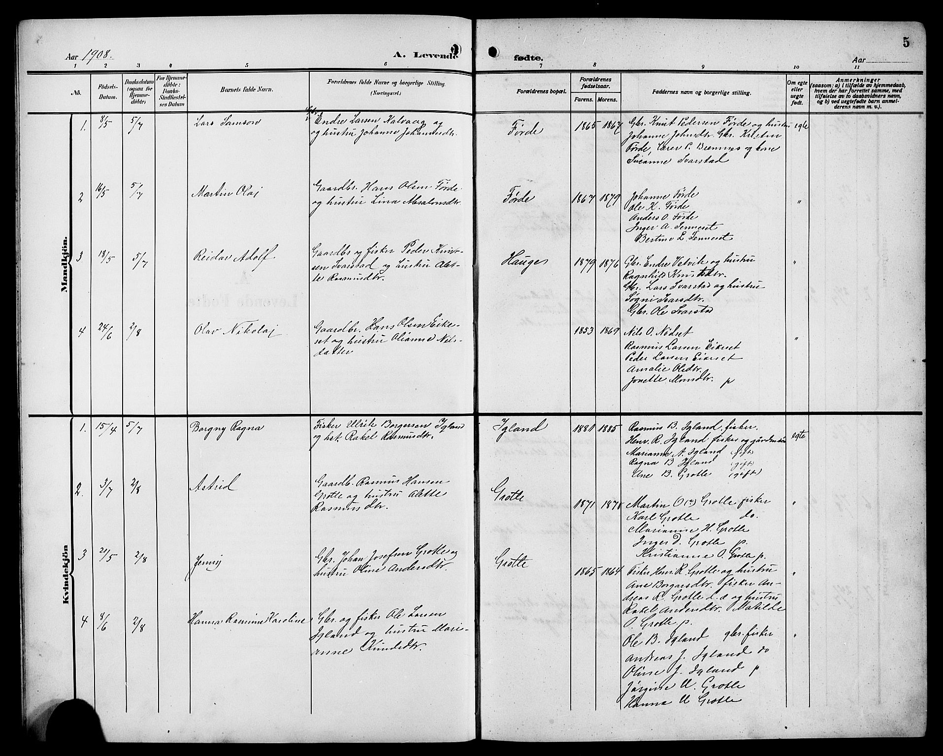 Bremanger sokneprestembete, AV/SAB-A-82201/H/Hab/Habc/L0001: Parish register (copy) no. C 1, 1908-1919, p. 5