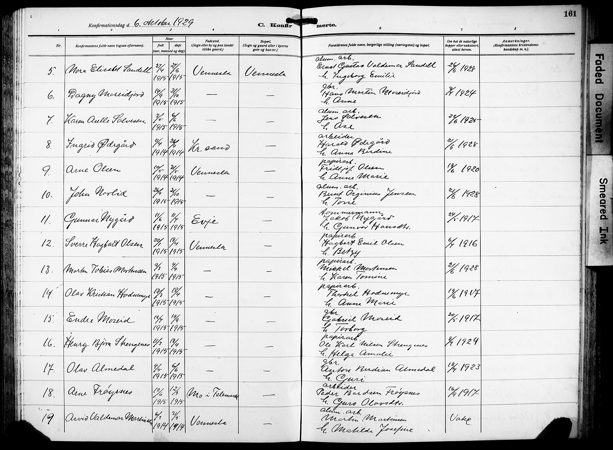 Vennesla sokneprestkontor, AV/SAK-1111-0045/Fb/Fbb/L0007: Parish register (copy) no. B 7, 1922-1933, p. 161