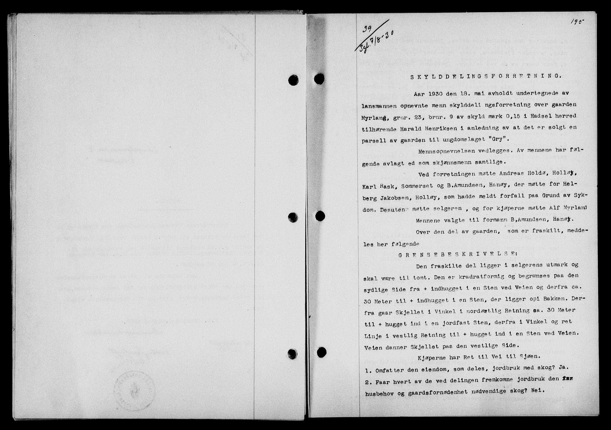 Vesterålen sorenskriveri, SAT/A-4180/1/2/2Ca/L0051: Mortgage book no. 44, 1930-1930, Deed date: 07.08.1930