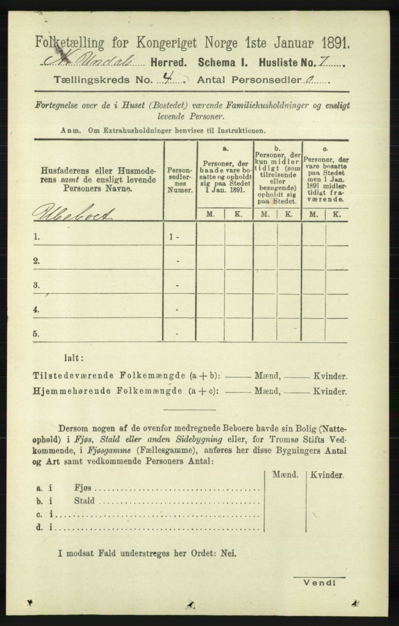 RA, 1891 census for 1028 Nord-Audnedal, 1891, p. 1086