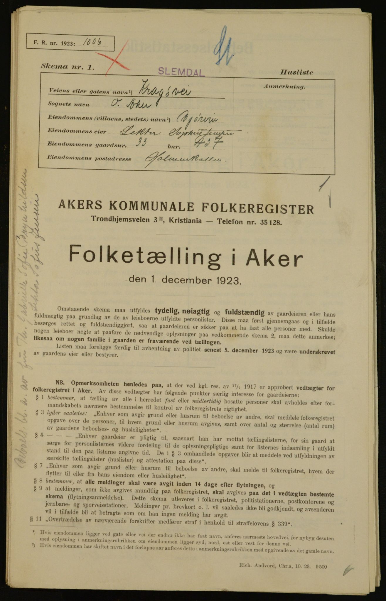 , Municipal Census 1923 for Aker, 1923, p. 14173