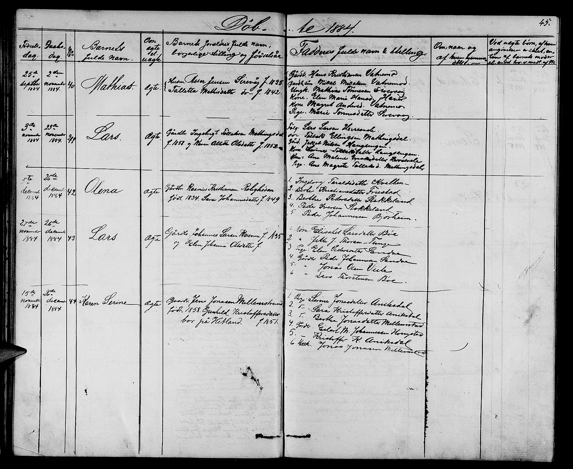 Eigersund sokneprestkontor, SAST/A-101807/S09/L0006: Parish register (copy) no. B 6, 1876-1889, p. 45