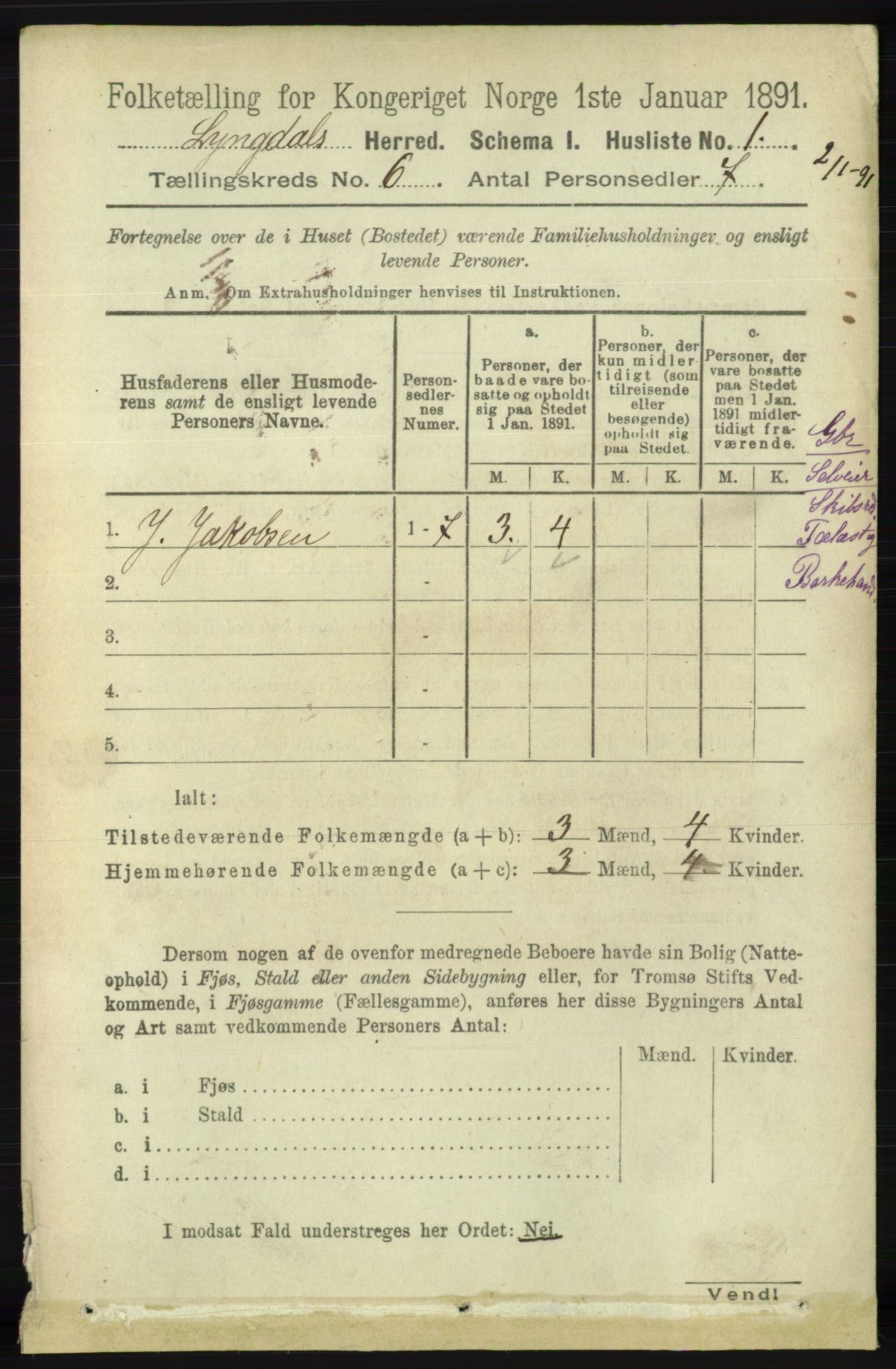 RA, 1891 census for 1032 Lyngdal, 1891, p. 2371