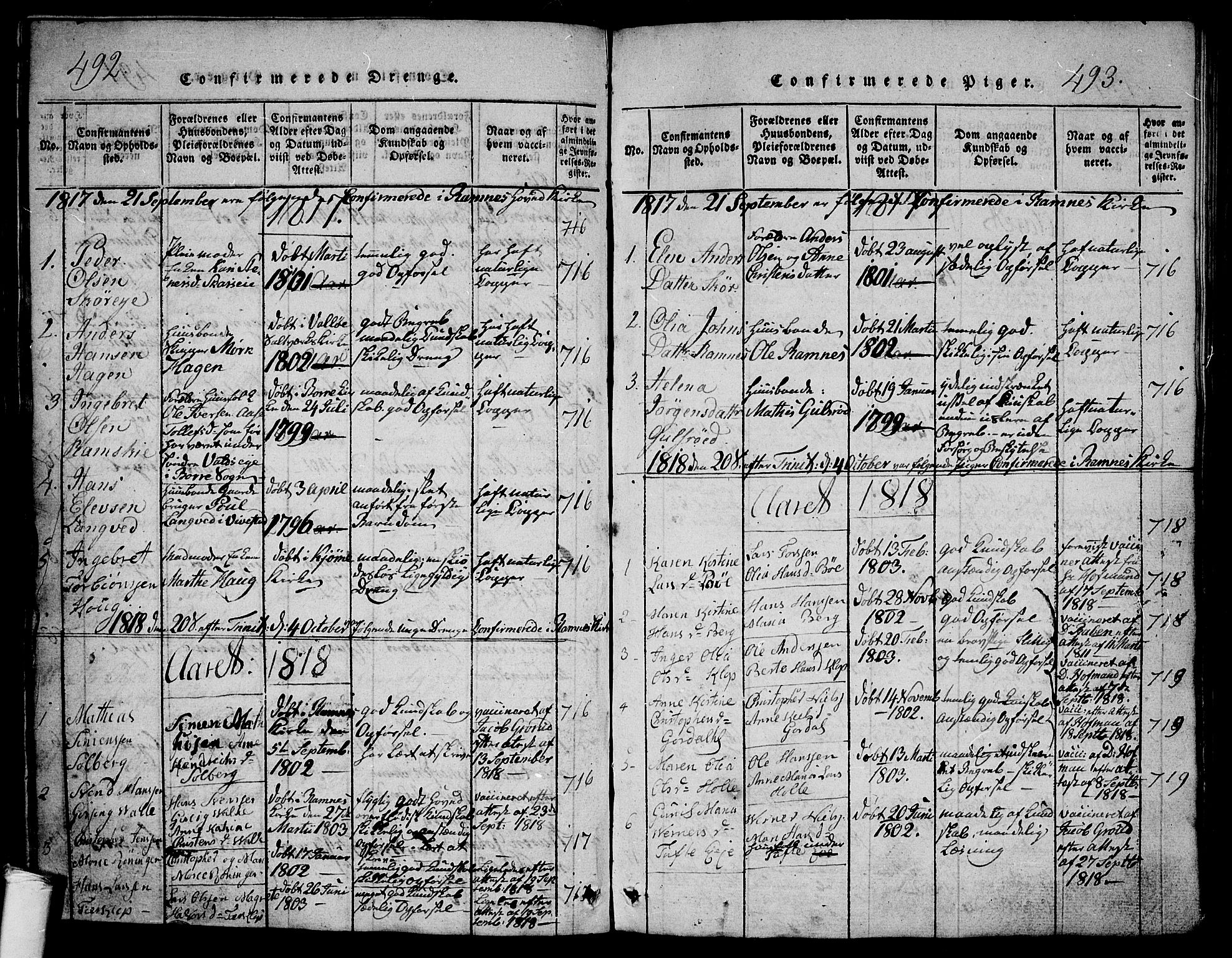 Ramnes kirkebøker, AV/SAKO-A-314/G/Ga/L0001: Parish register (copy) no. I 1, 1813-1847, p. 492-493