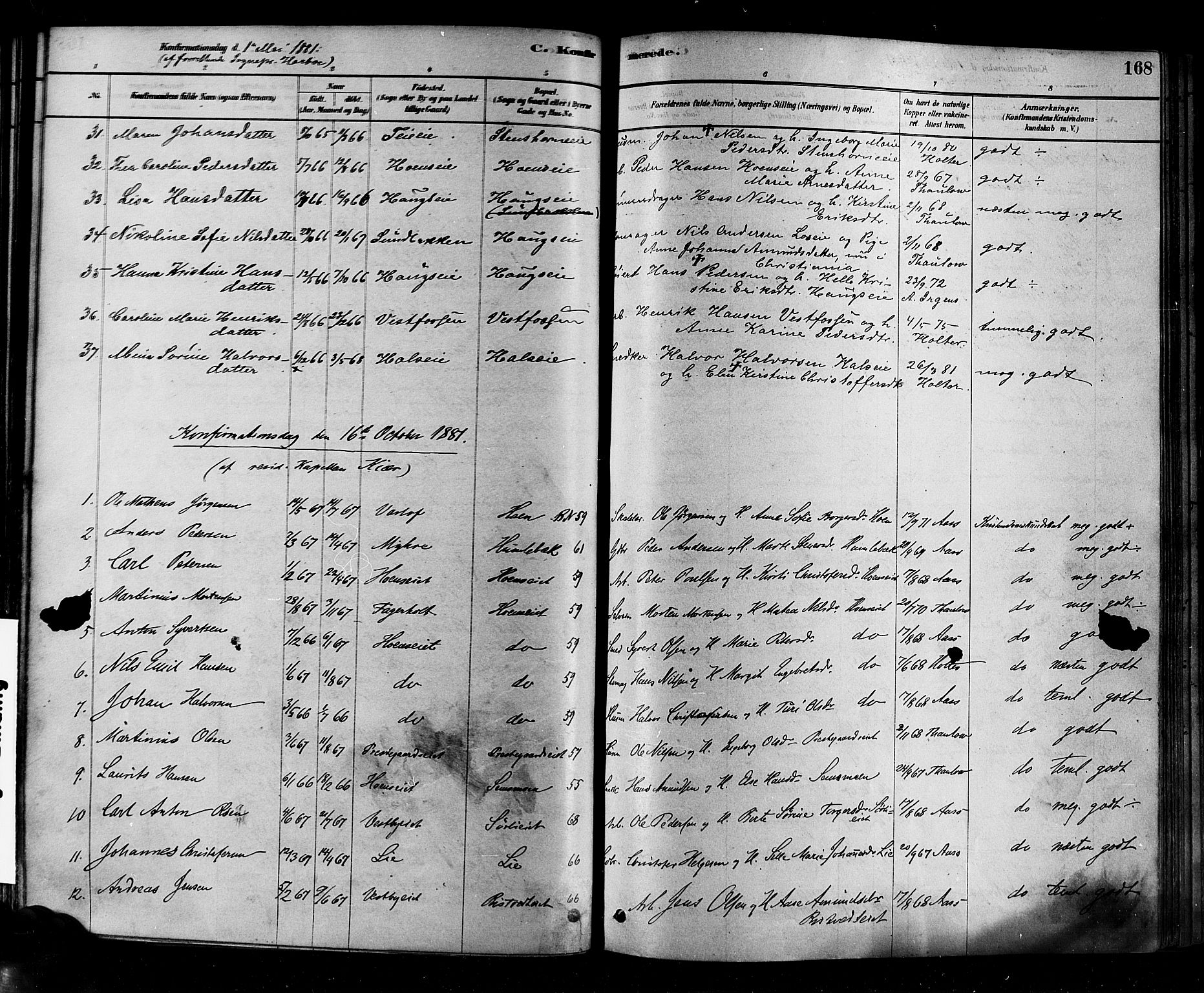 Eiker kirkebøker, AV/SAKO-A-4/F/Fb/L0001: Parish register (official) no. II 1, 1878-1888, p. 168