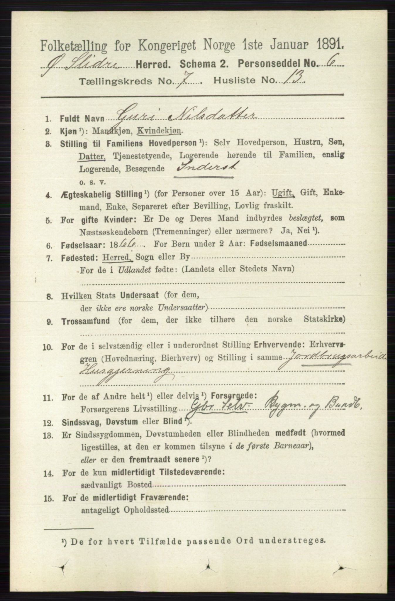 RA, 1891 census for 0544 Øystre Slidre, 1891, p. 2234