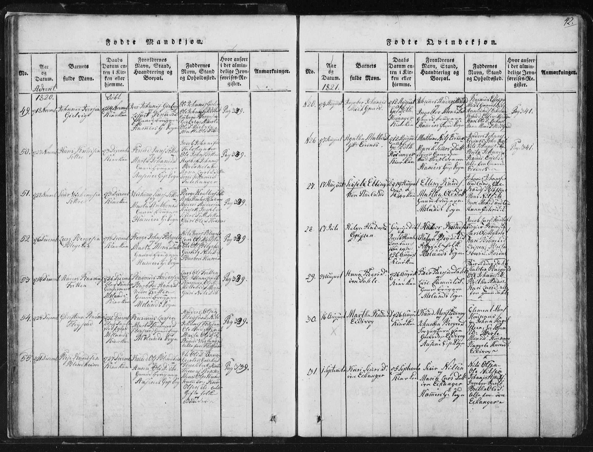 Hamre sokneprestembete, AV/SAB-A-75501/H/Ha/Haa/Haaa/L0010: Parish register (official) no. A 10, 1816-1826, p. 42