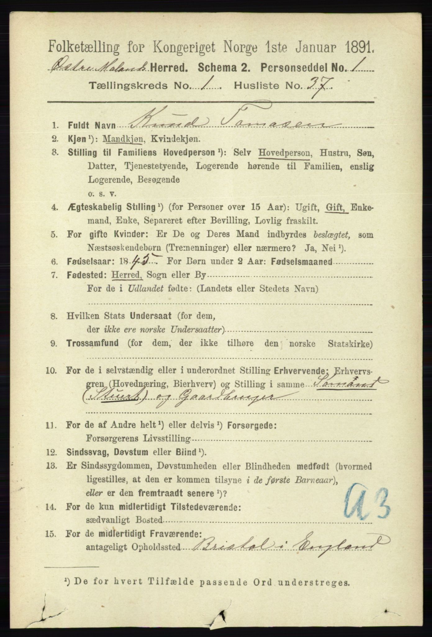 RA, 1891 census for 0918 Austre Moland, 1891, p. 320