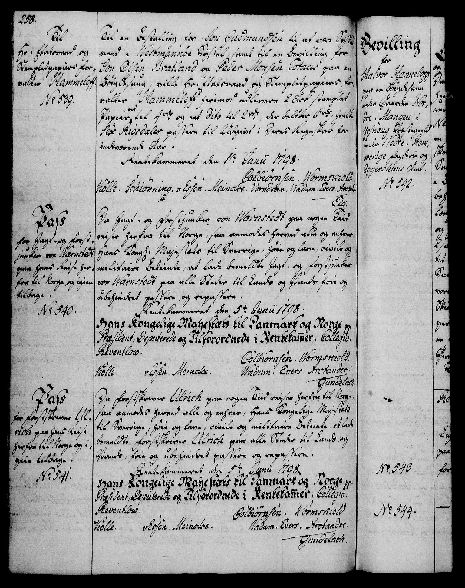 Rentekammeret, Kammerkanselliet, AV/RA-EA-3111/G/Gg/Gga/L0016: Norsk ekspedisjonsprotokoll med register (merket RK 53.16), 1794-1800, p. 258