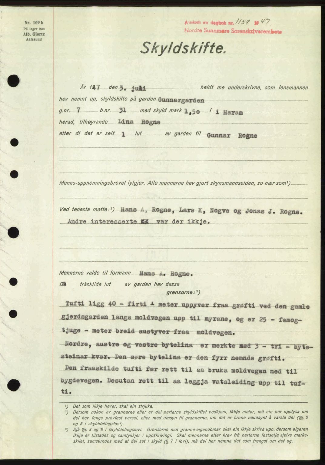 Nordre Sunnmøre sorenskriveri, AV/SAT-A-0006/1/2/2C/2Ca: Mortgage book no. A25, 1947-1947, Diary no: : 1158/1947