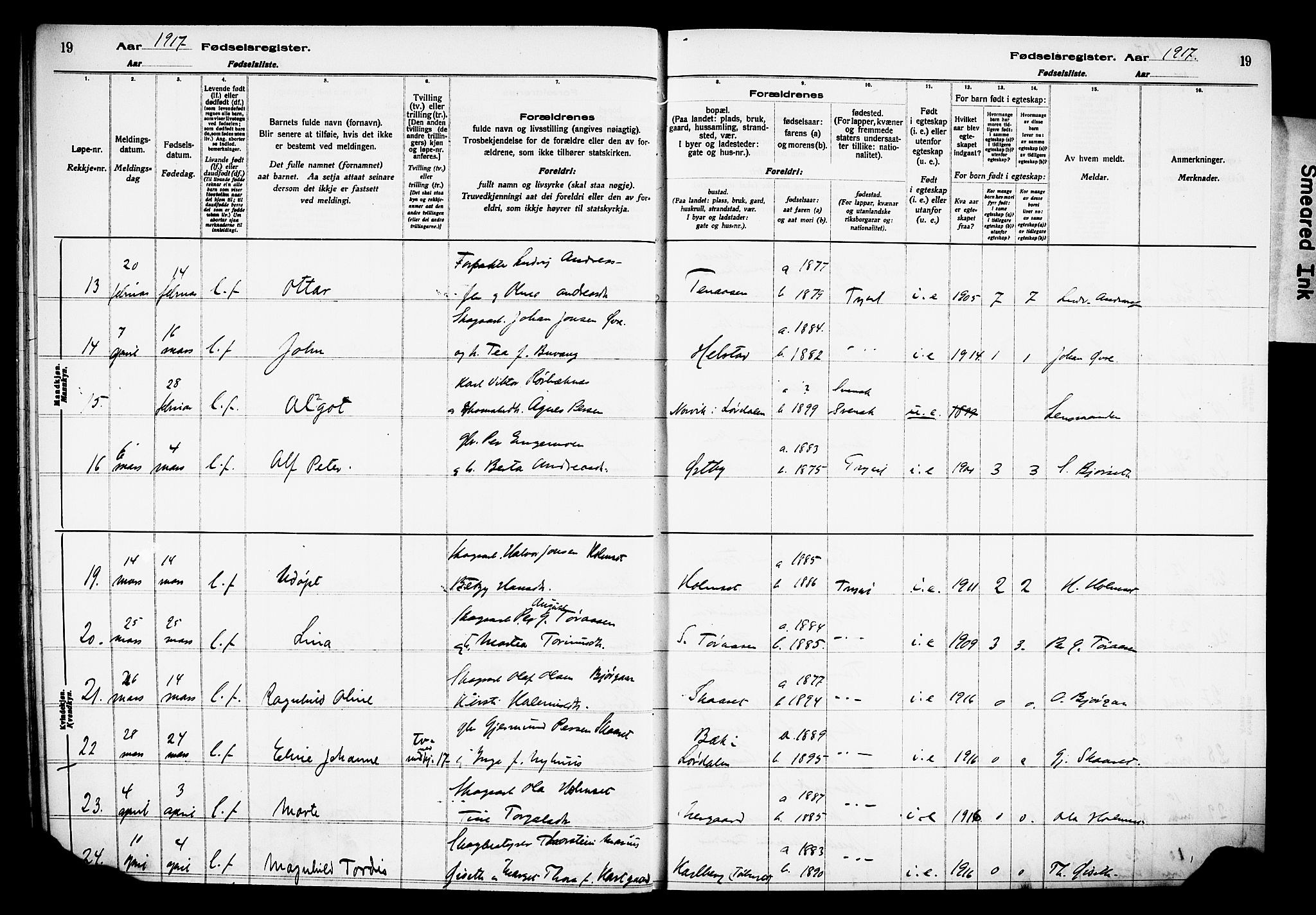 Trysil prestekontor, AV/SAH-PREST-046/I/Id/Ida/L0001: Birth register no. I 1, 1916-1927, p. 19