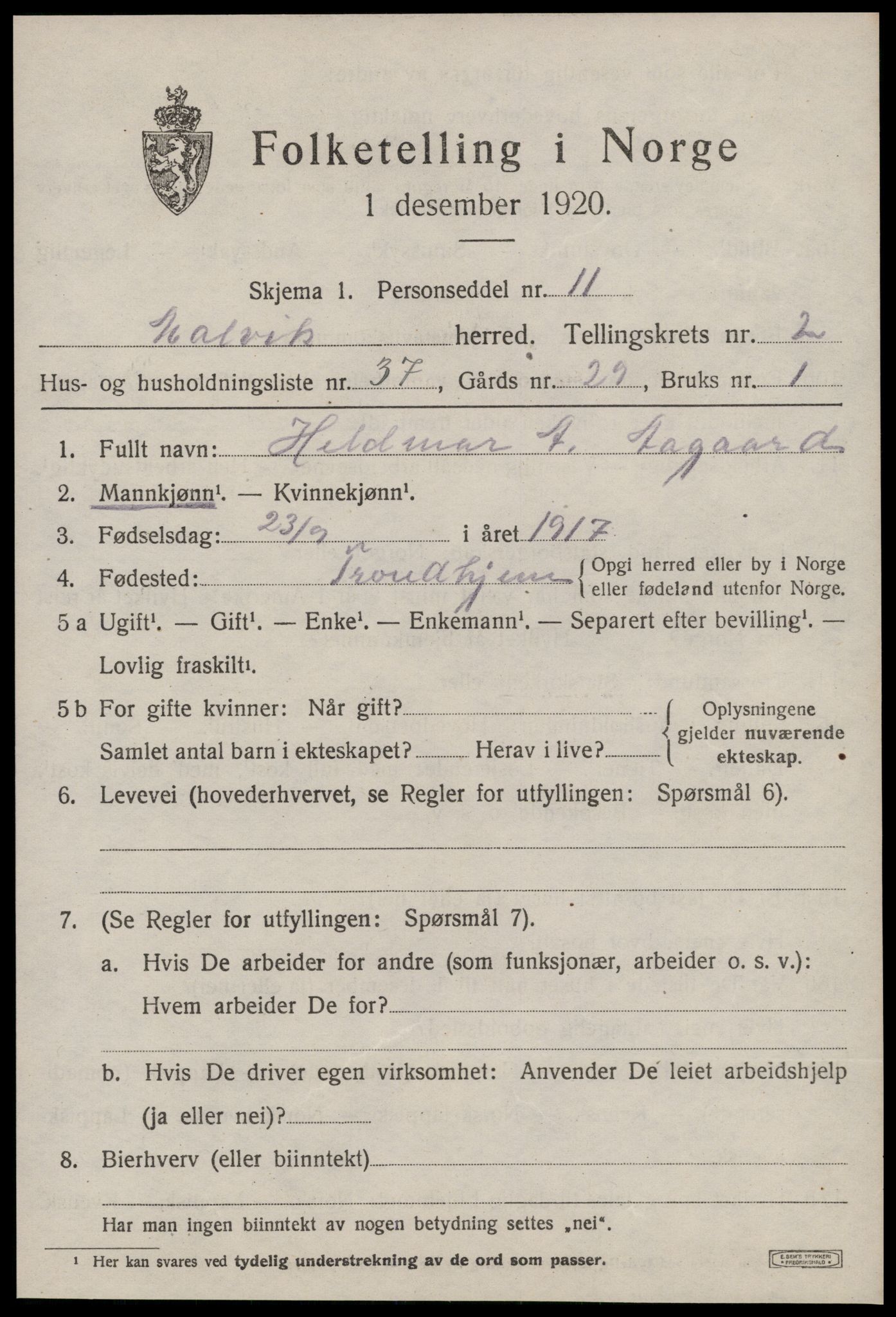 SAT, 1920 census for Malvik, 1920, p. 2266