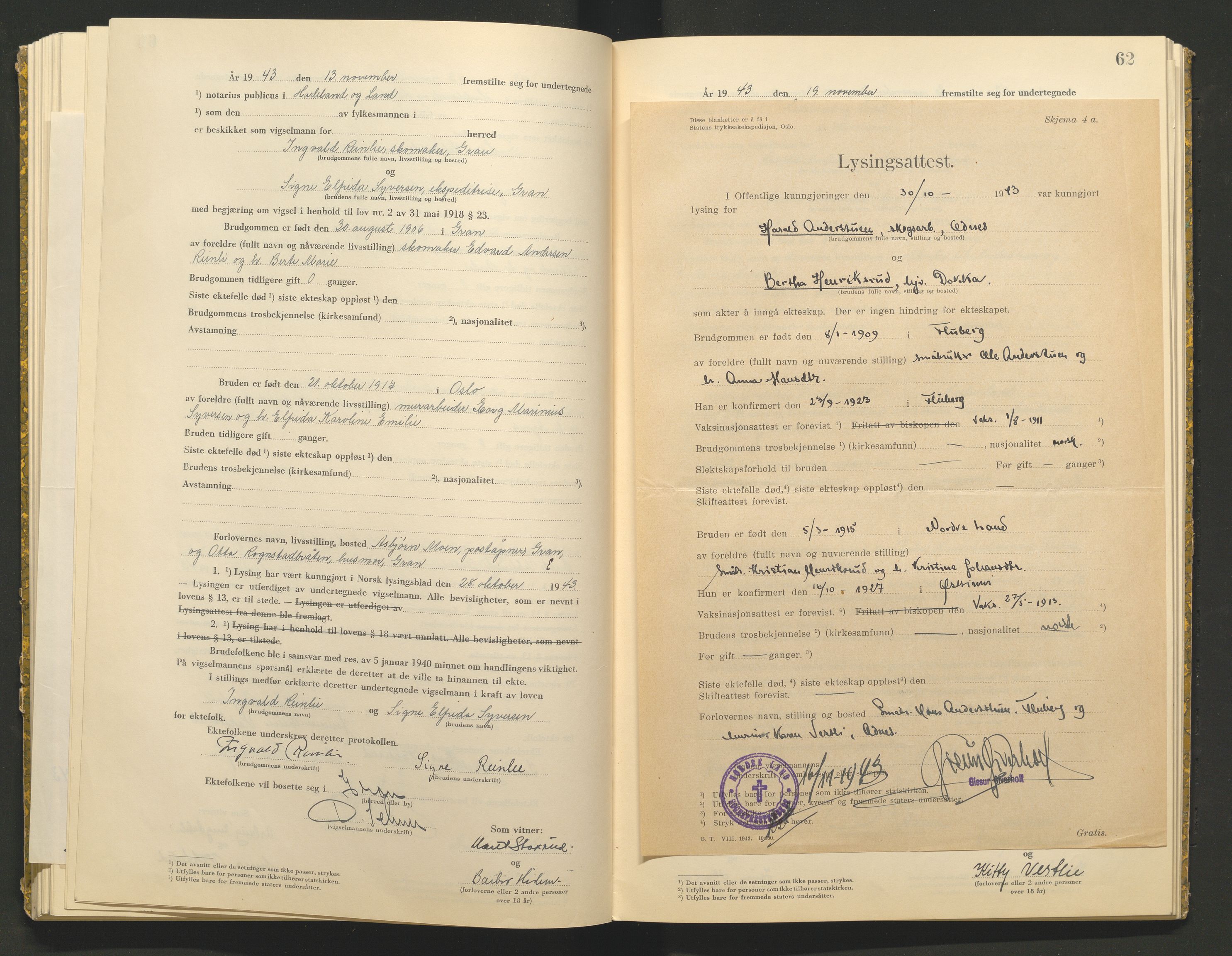 Hadeland og Land tingrett, AV/SAH-TING-010/L/Lb/L0002: Vigselbok, 1943-1944, p. 62