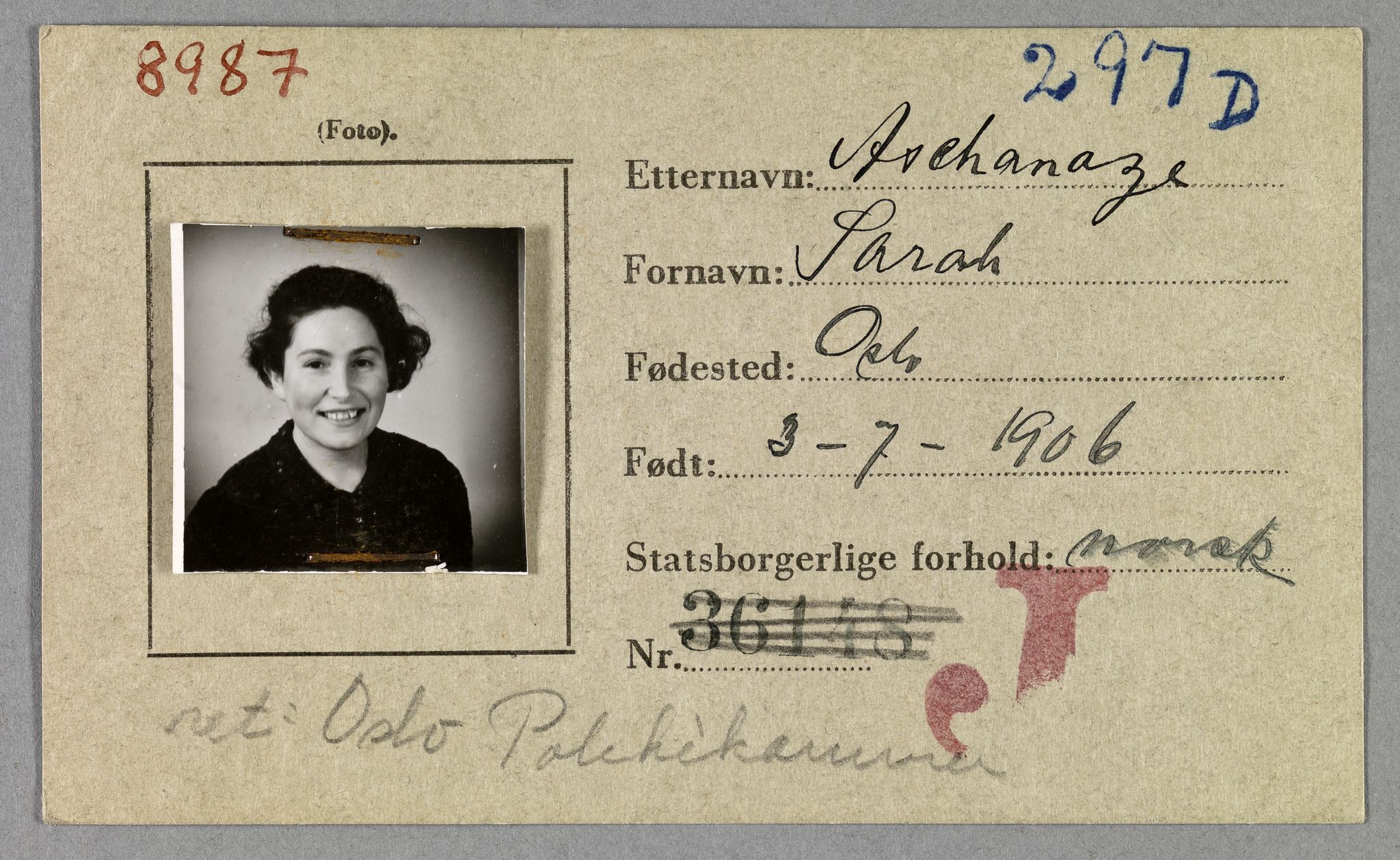 Sosialdepartementet, Våre Falne, RA/S-1708/E/Ee/L0021A: Fotografier av jøder på legitimasjonskort (1941-42), 1941-1942, p. 17