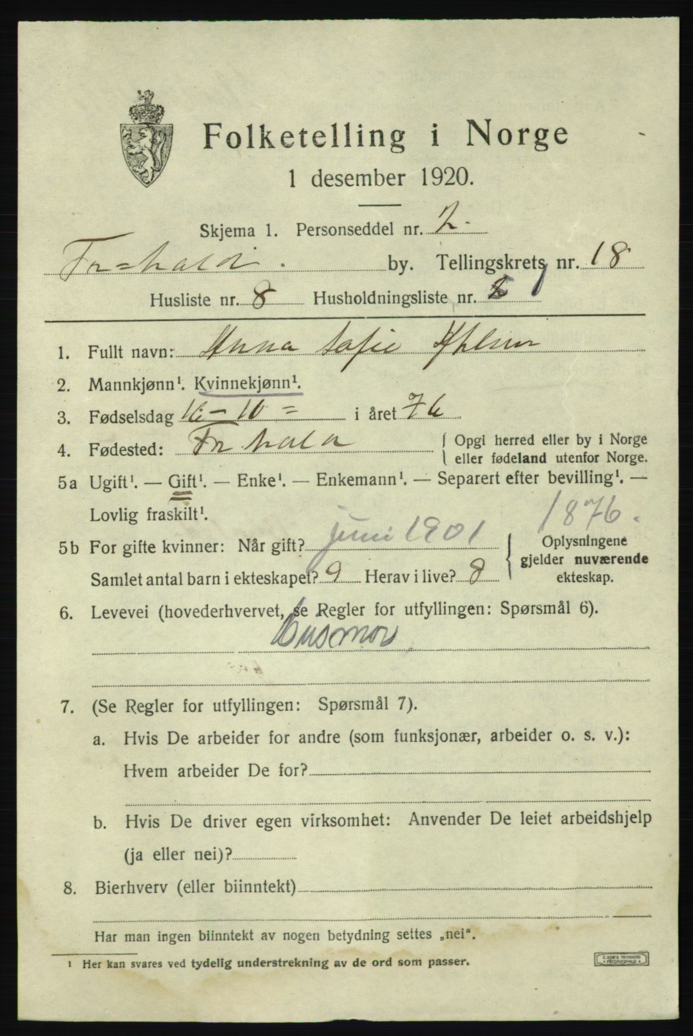 SAO, 1920 census for Fredrikshald, 1920, p. 27225