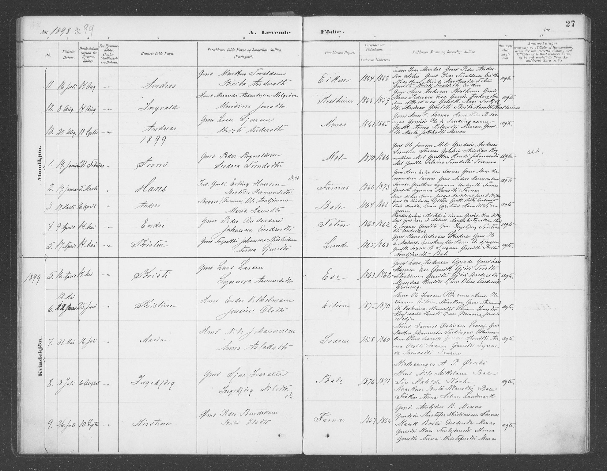 Balestrand sokneprestembete, AV/SAB-A-79601/H/Haa/Haab/L0001: Parish register (official) no. B  1, 1889-1910, p. 27