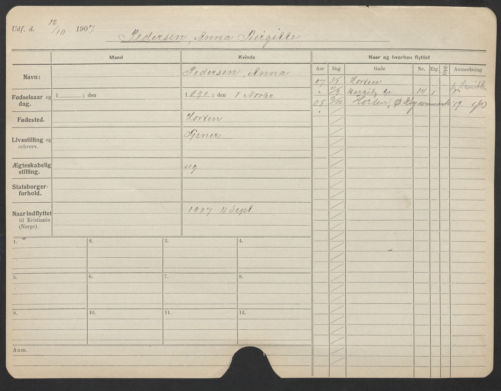 Oslo folkeregister, Registerkort, AV/SAO-A-11715/F/Fa/Fac/L0022: Kvinner, 1906-1914, p. 634a