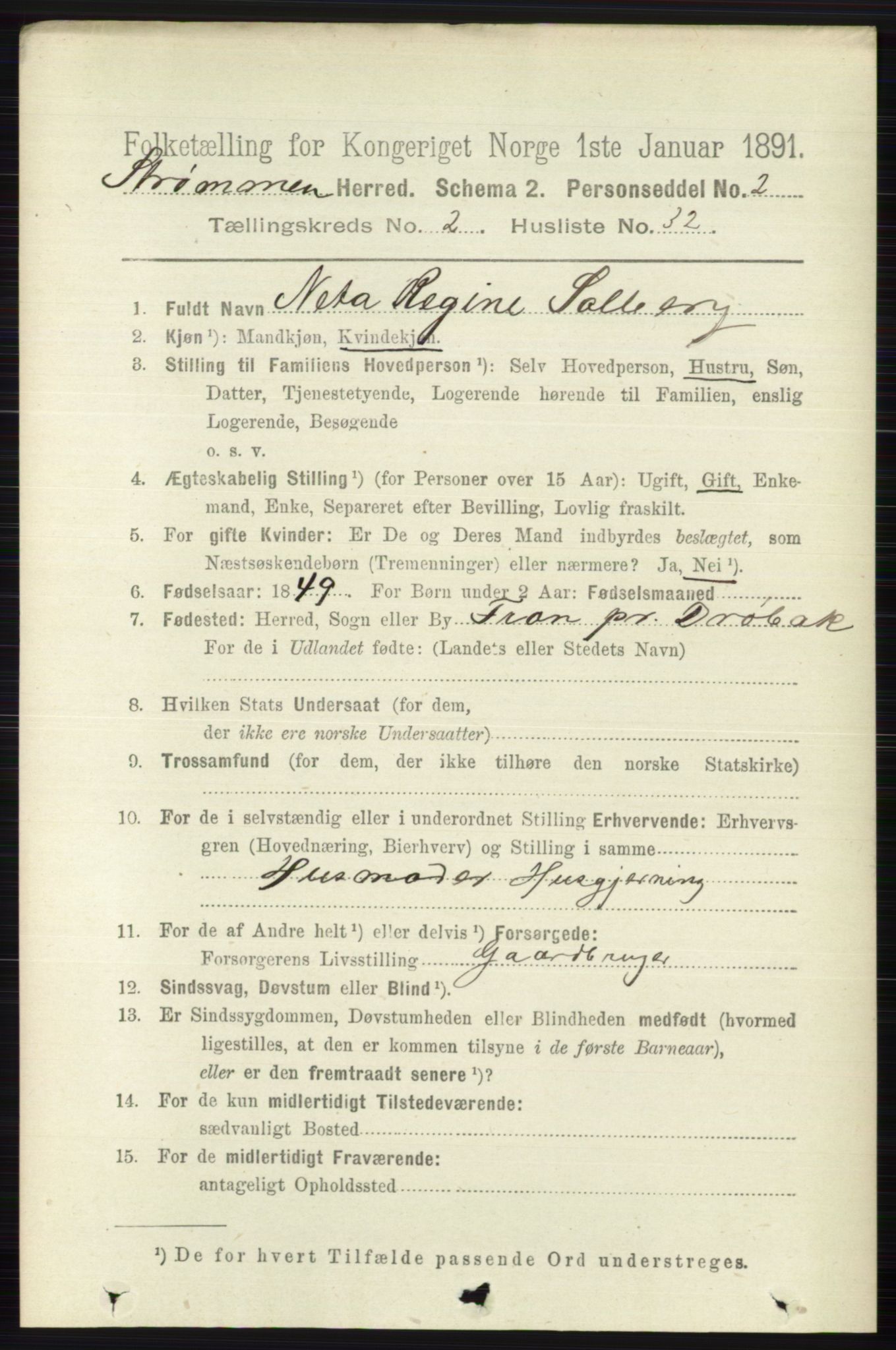 RA, 1891 census for 0711 Strømm, 1891, p. 880