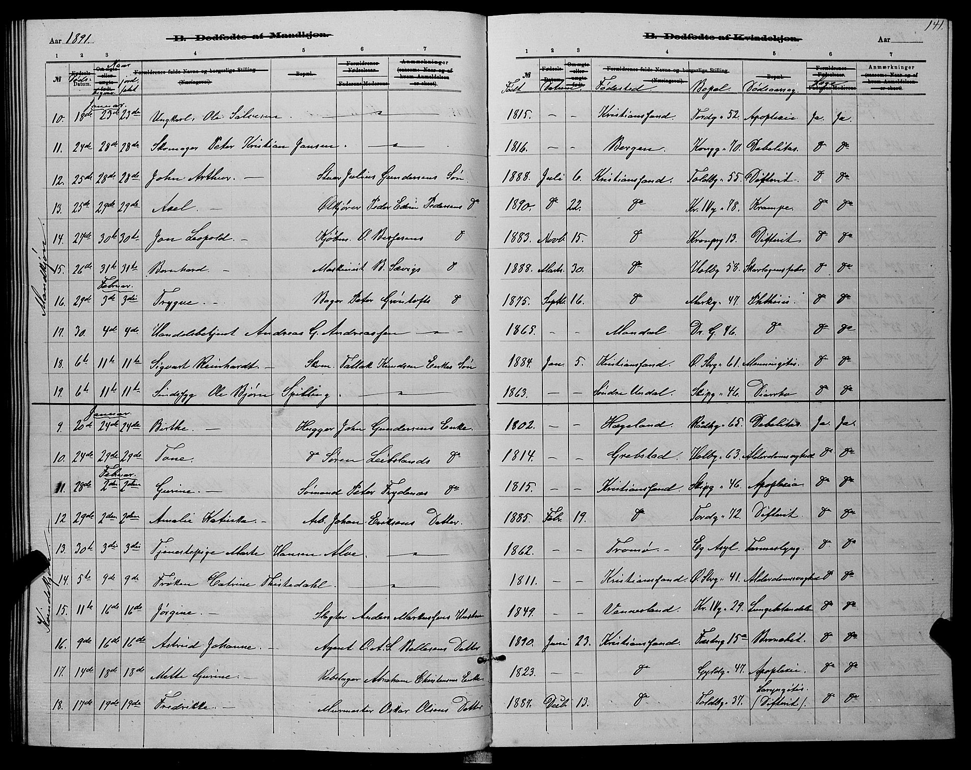 Kristiansand domprosti, SAK/1112-0006/F/Fb/L0016: Parish register (copy) no. B 16, 1881-1893, p. 141