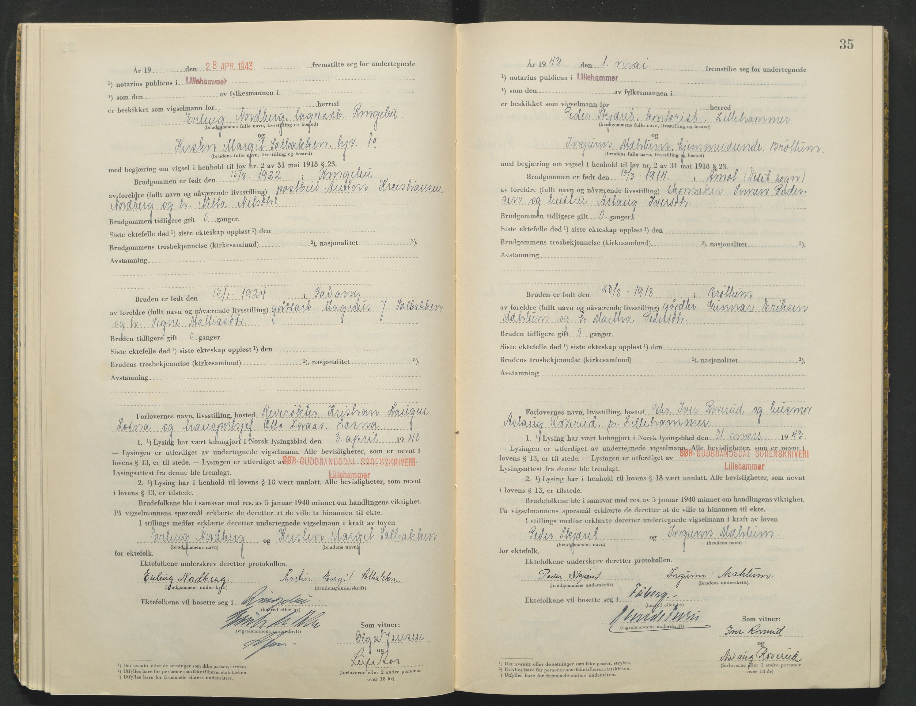 Sør-Gudbrandsdal tingrett, AV/SAH-TING-004/L/Lc/L0003: Vigselsprotokoll, 1943, p. 35