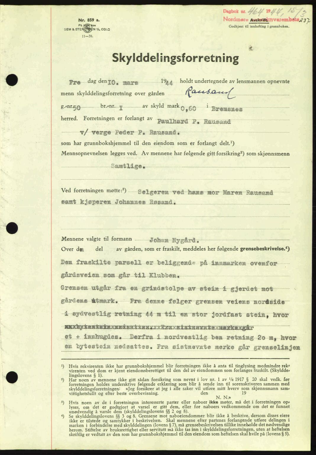 Nordmøre sorenskriveri, AV/SAT-A-4132/1/2/2Ca: Mortgage book no. A97, 1944-1944, Diary no: : 464/1944