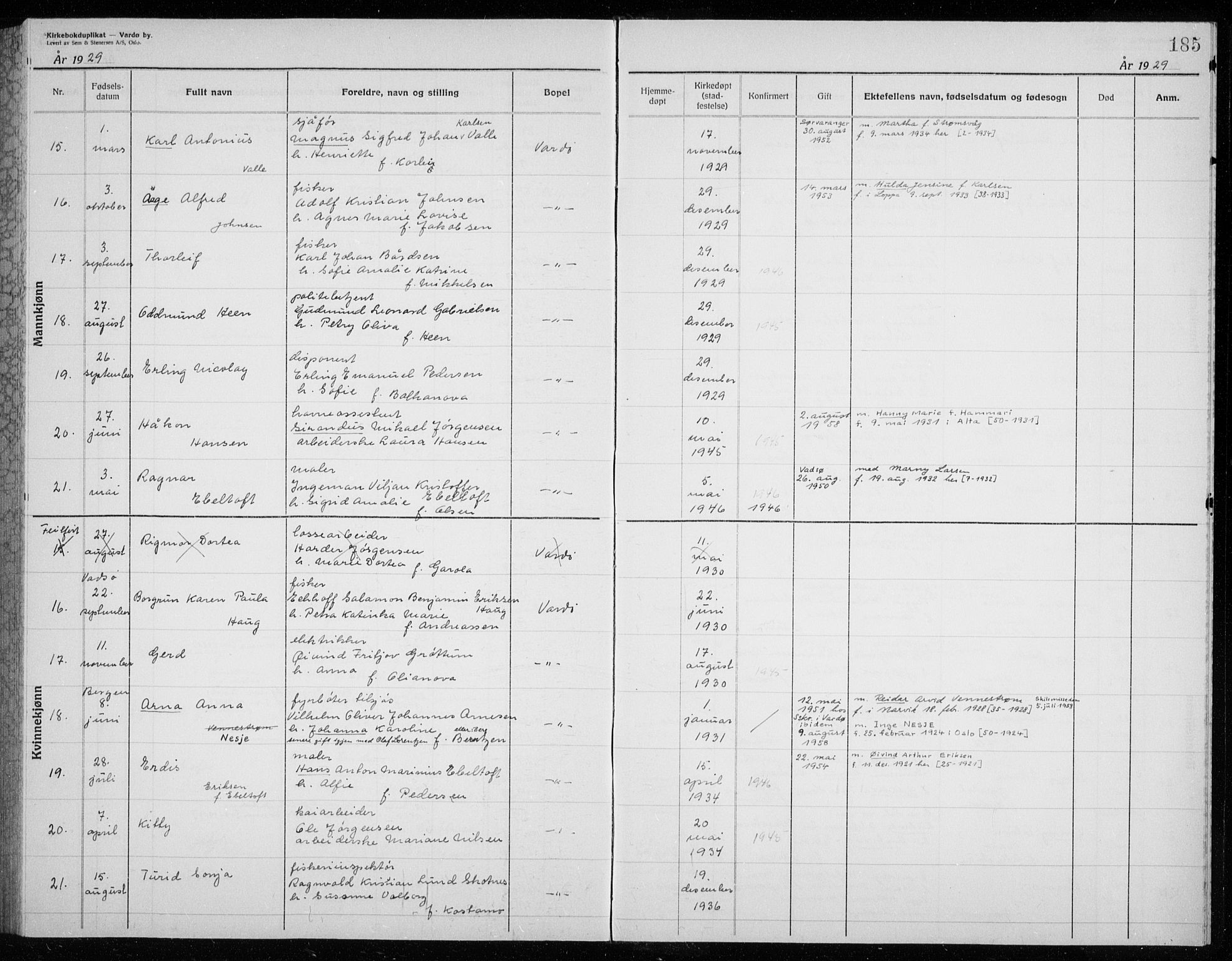 Vardø sokneprestkontor, AV/SATØ-S-1332/H/Hc/L0002kirkerekon: Other parish register no. 2, 1915-1929, p. 185