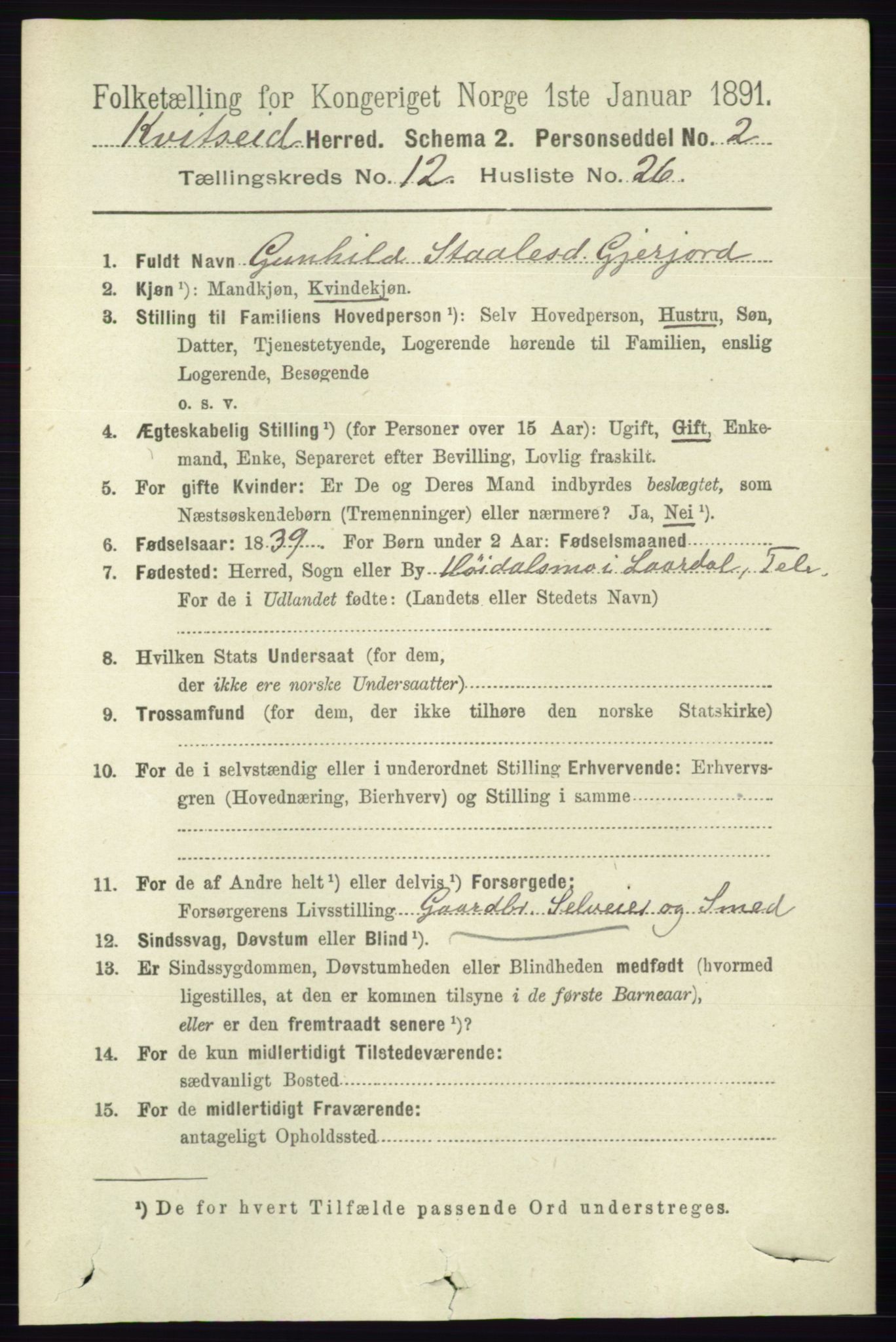 RA, 1891 census for 0829 Kviteseid, 1891, p. 3033