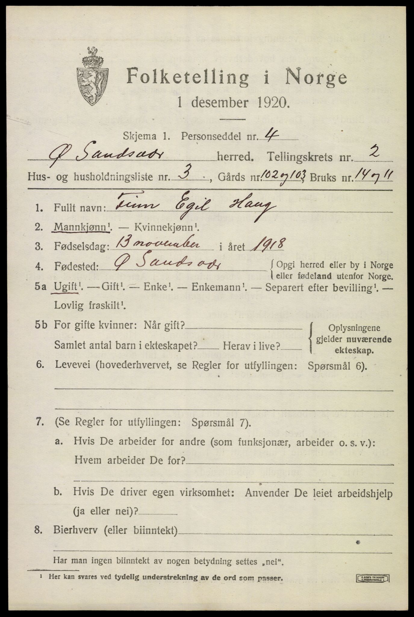 SAKO, 1920 census for Øvre Sandsvær, 1920, p. 1618