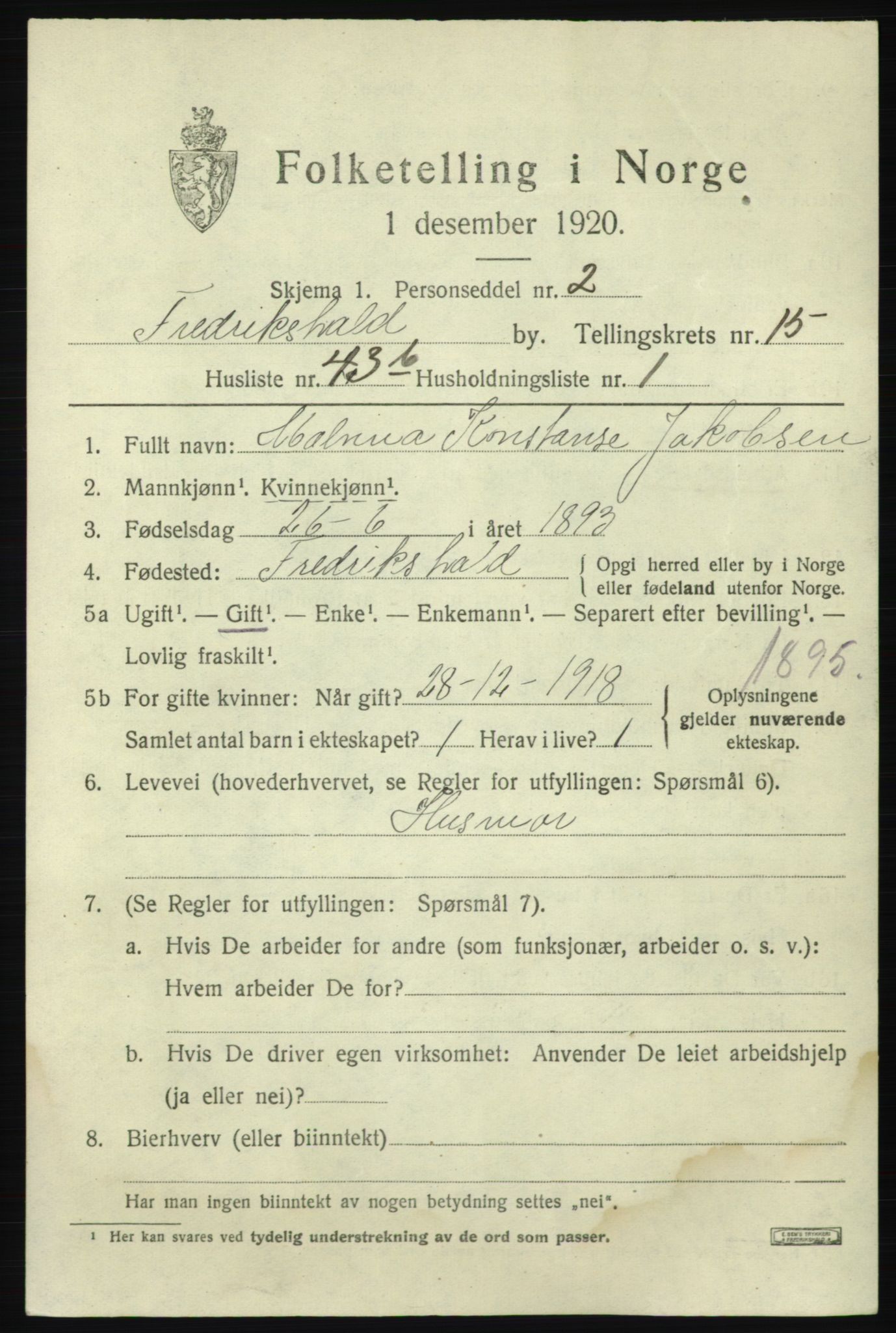 SAO, 1920 census for Fredrikshald, 1920, p. 24222