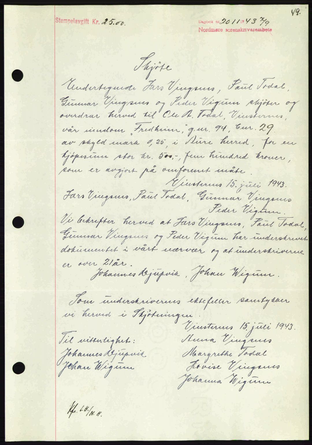 Nordmøre sorenskriveri, AV/SAT-A-4132/1/2/2Ca: Mortgage book no. A96, 1943-1944, Diary no: : 2011/1943