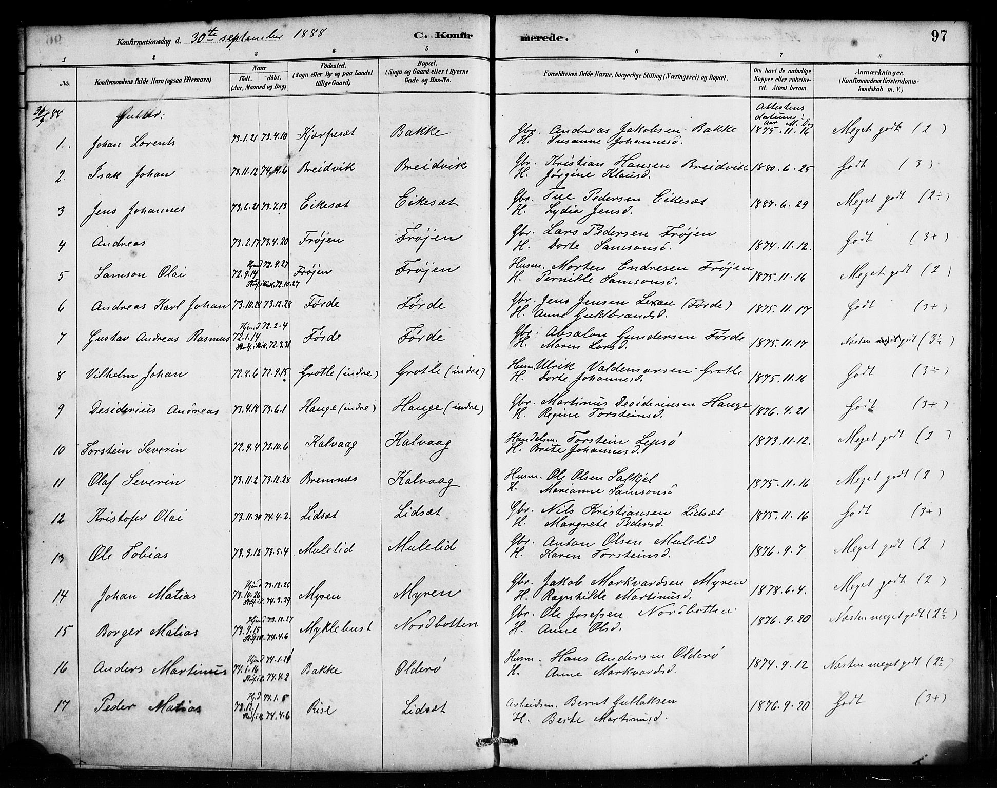 Bremanger sokneprestembete, SAB/A-82201/H/Haa/Haab/L0001: Parish register (official) no. B 1, 1884-1895, p. 97