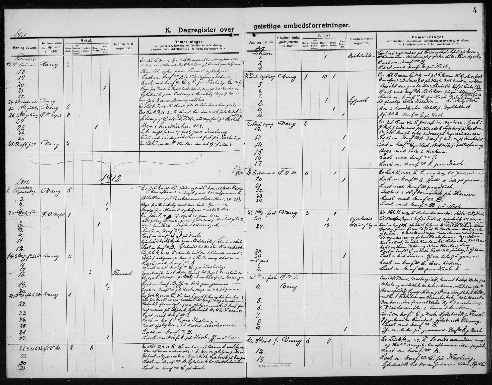 Vang prestekontor, Hedmark, SAH/PREST-008/H/Ha/Haa/L0020: Parish register (official) no. 20, 1911-1926, p. 4