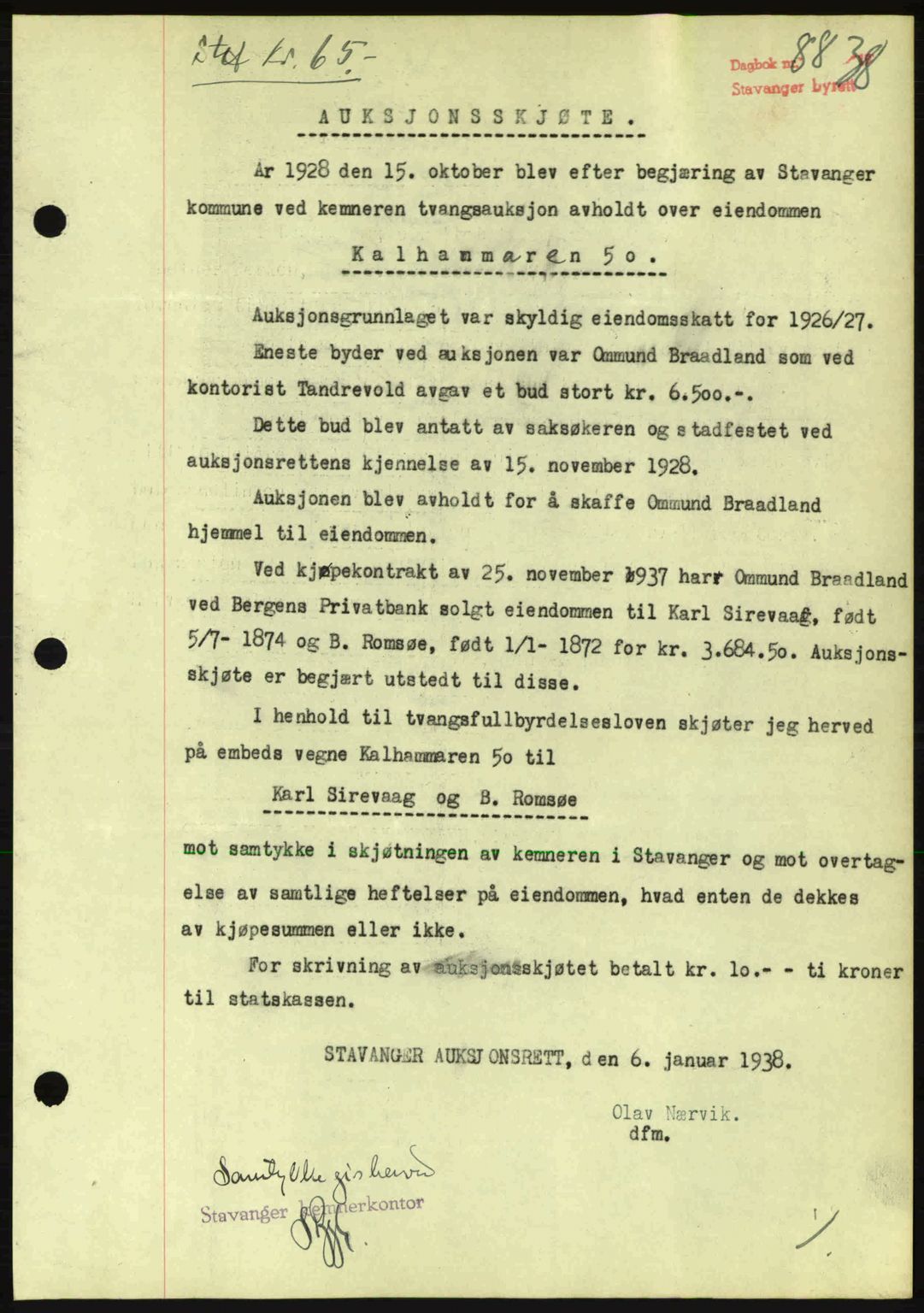 Stavanger byrett, SAST/A-100455/002/G/Gb/L0013: Mortgage book no. A3, 1937-1938, Diary no: : 88/1938
