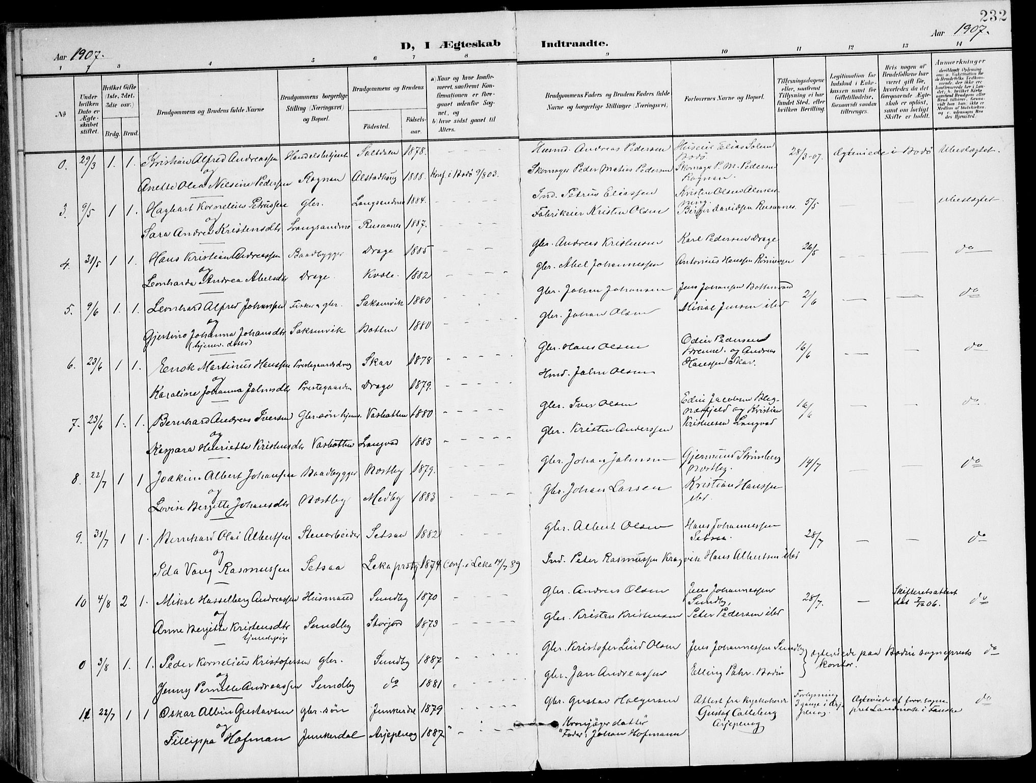 Ministerialprotokoller, klokkerbøker og fødselsregistre - Nordland, AV/SAT-A-1459/847/L0672: Parish register (official) no. 847A12, 1902-1919, p. 232