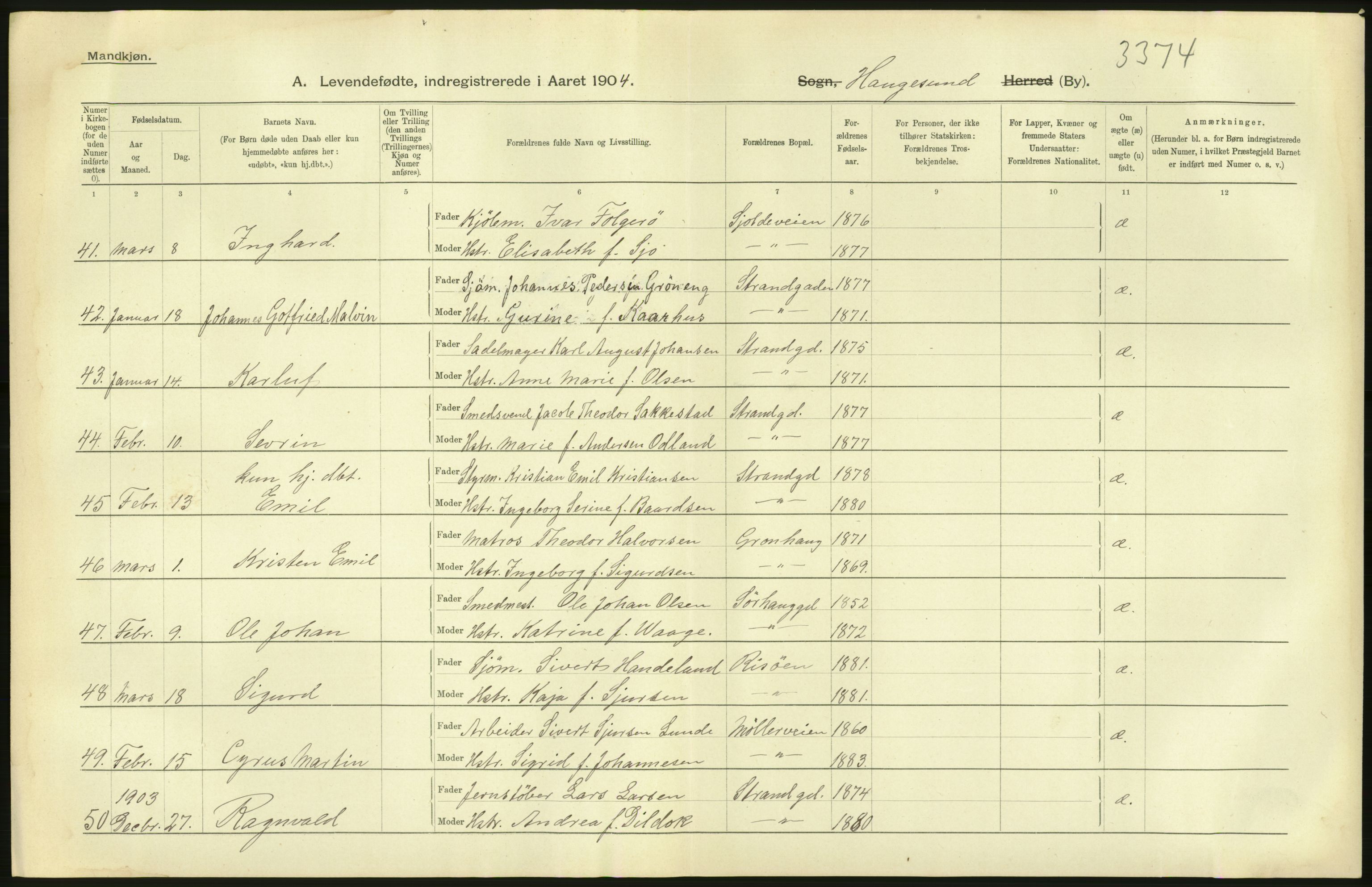 Statistisk sentralbyrå, Sosiodemografiske emner, Befolkning, RA/S-2228/D/Df/Dfa/Dfab/L0012: Stavanger amt: Fødte, gifte, døde, 1904, p. 26