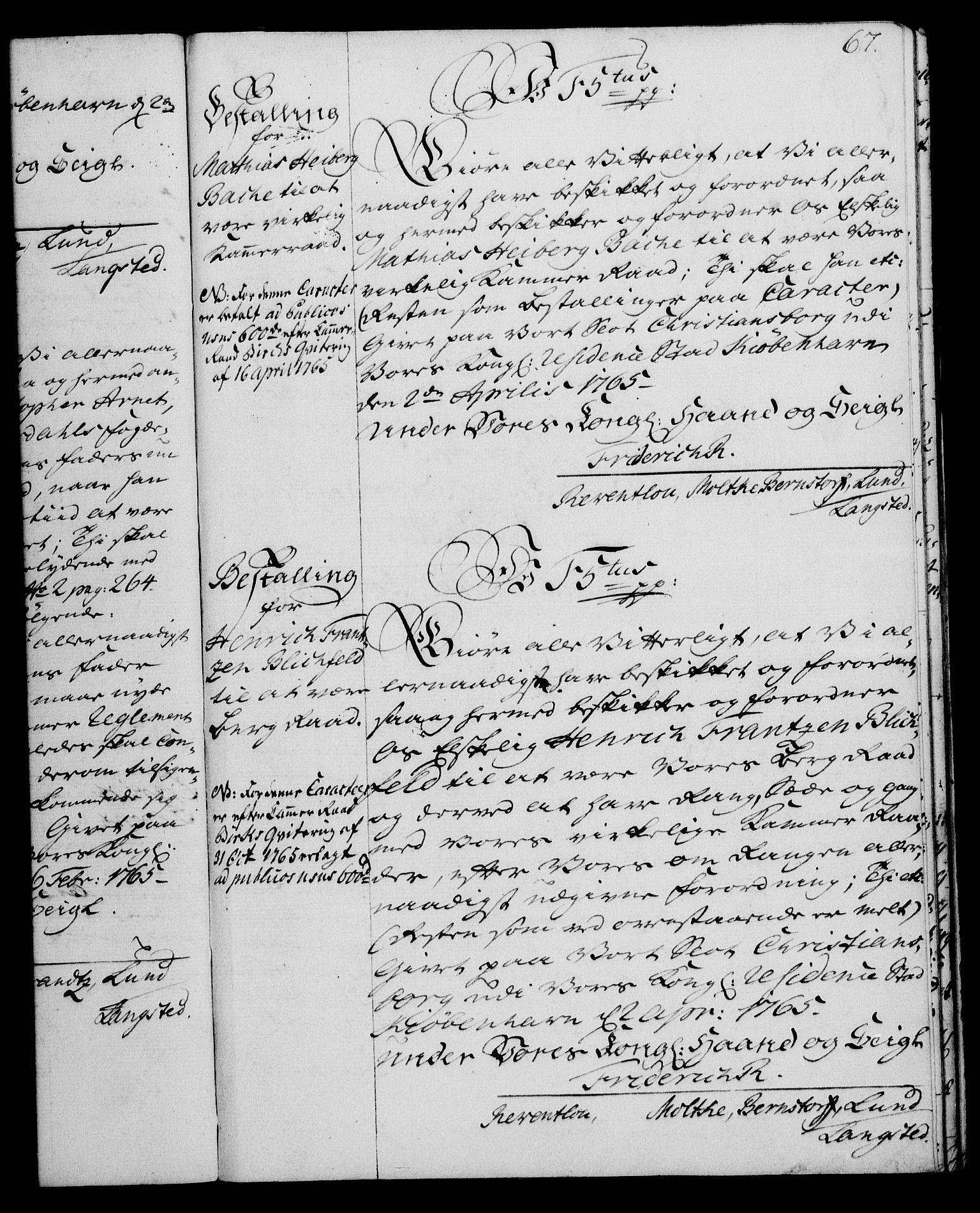 Rentekammeret, Kammerkanselliet, RA/EA-3111/G/Gg/Gge/L0004: Norsk bestallingsprotokoll med register (merket RK 53.28), 1762-1771, p. 67