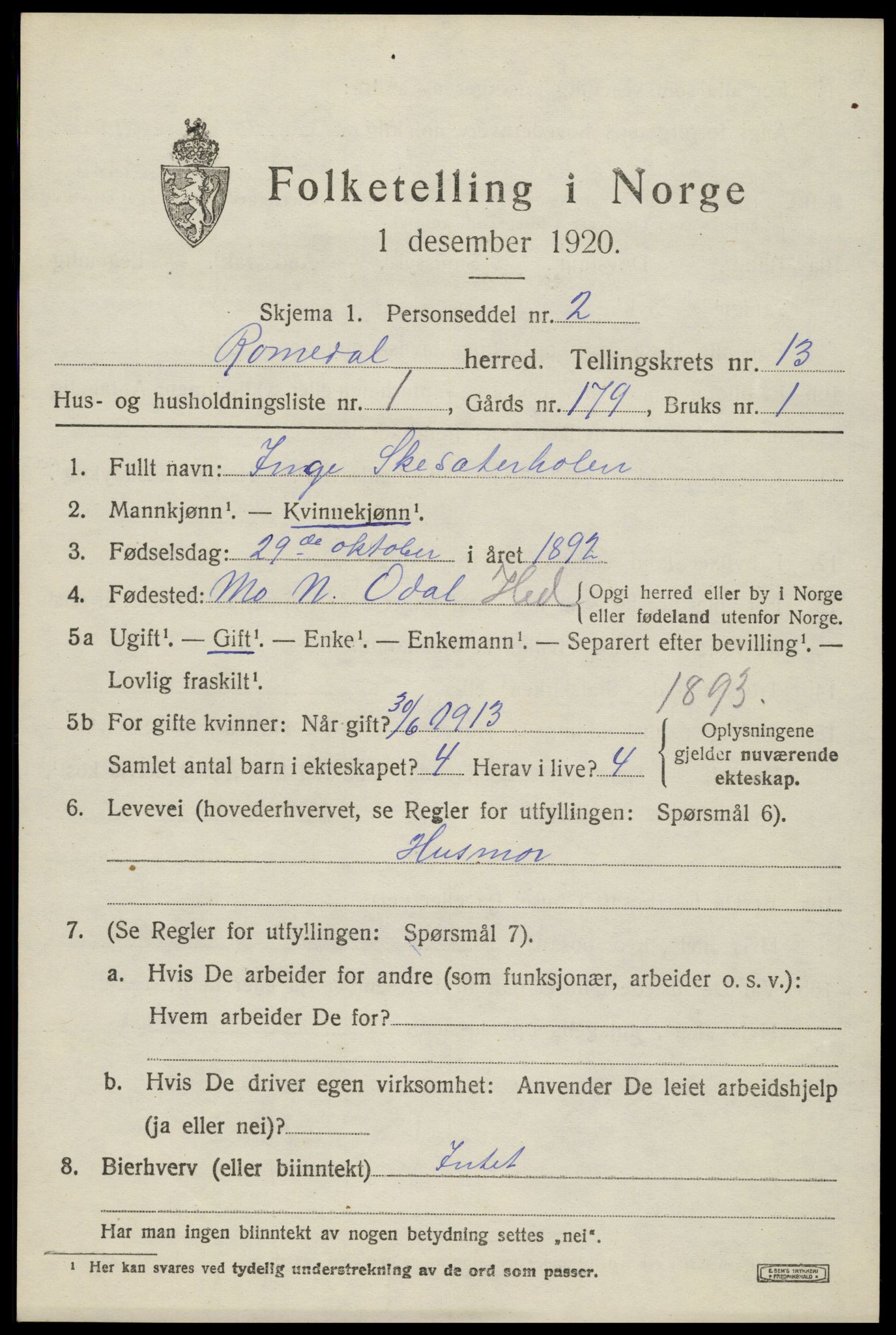 SAH, 1920 census for Romedal, 1920, p. 12953