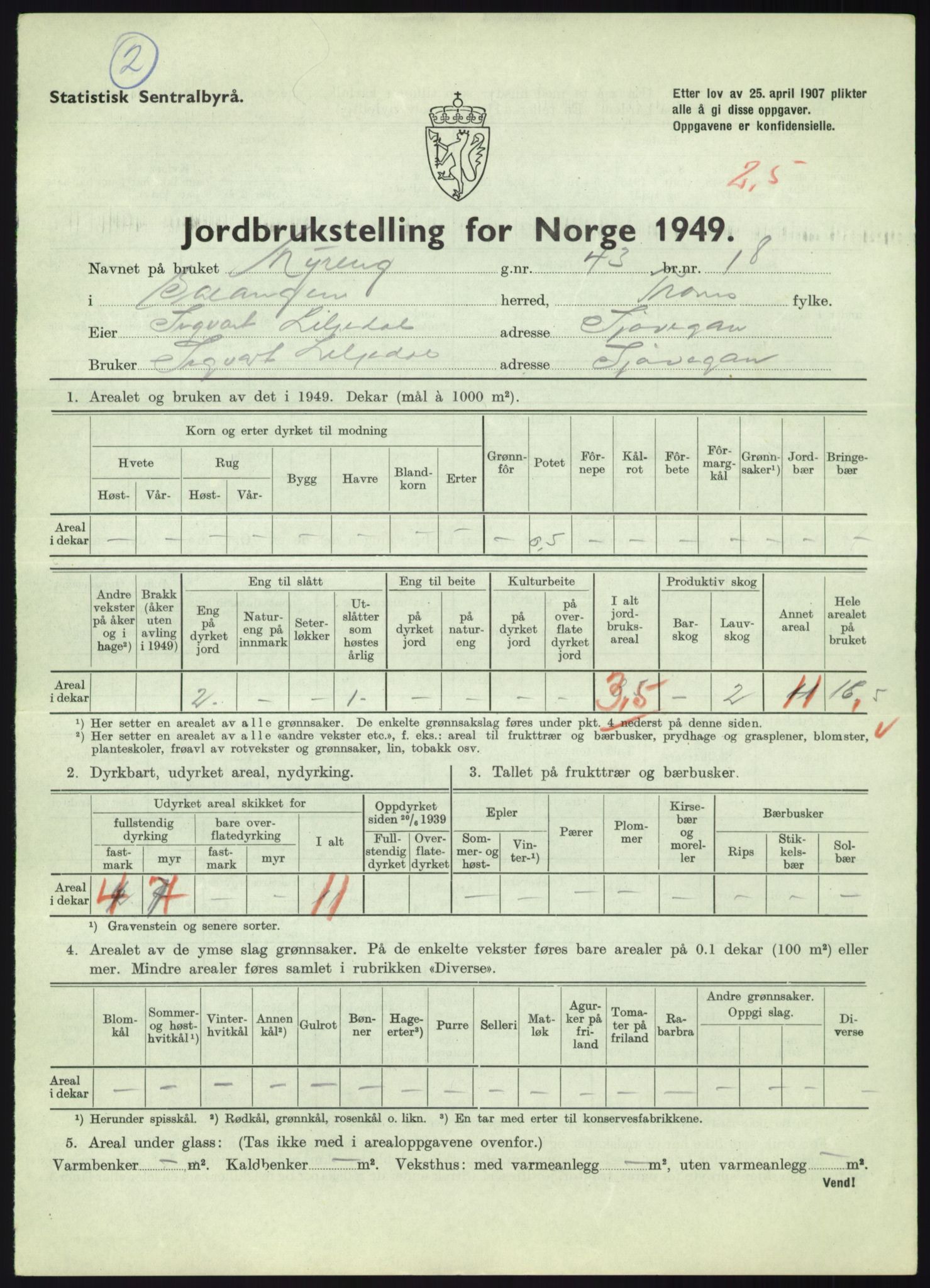 Statistisk sentralbyrå, Næringsøkonomiske emner, Jordbruk, skogbruk, jakt, fiske og fangst, AV/RA-S-2234/G/Gc/L0438: Troms: Salangen og Bardu, 1949, p. 85