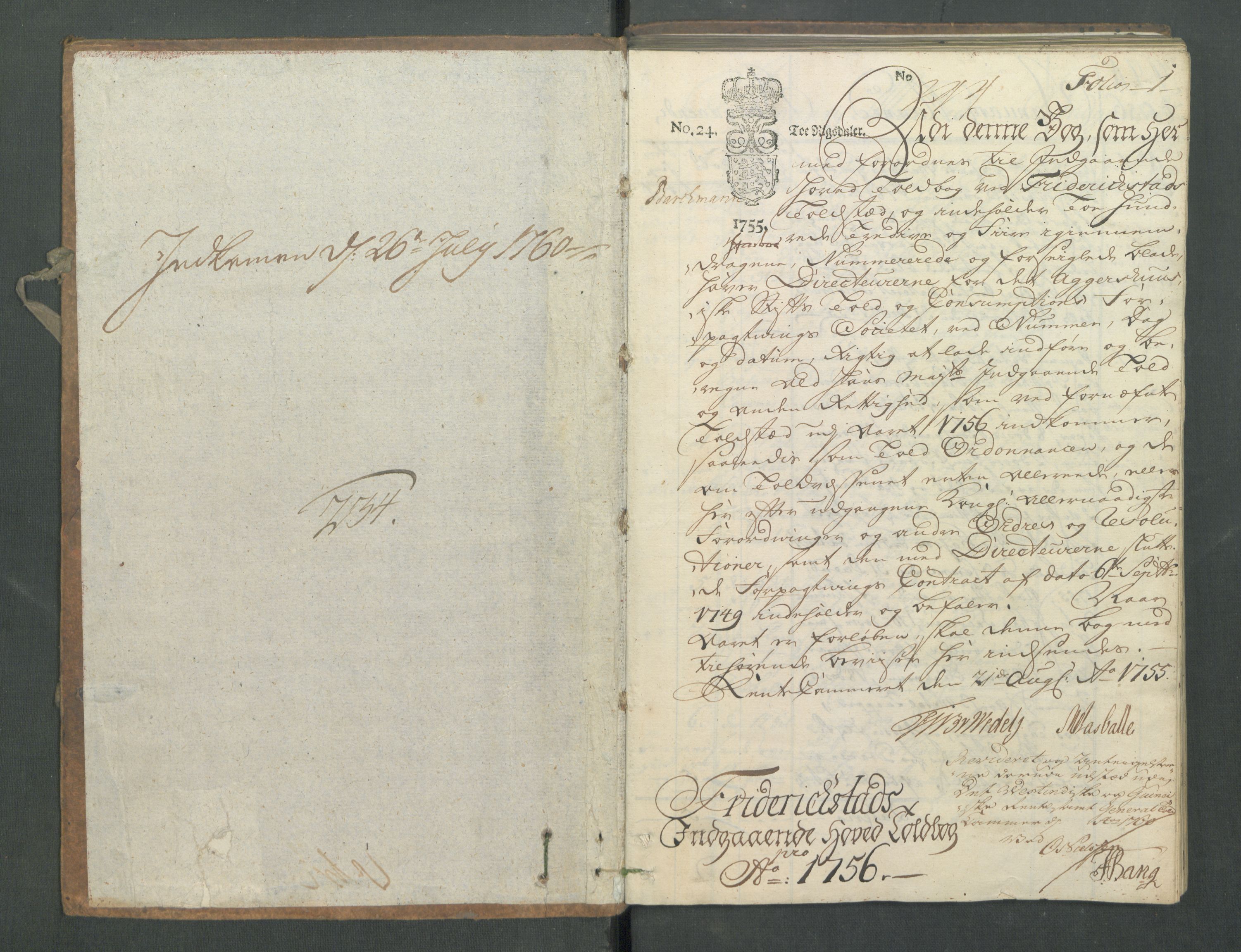 Generaltollkammeret, tollregnskaper, RA/EA-5490/R02/L0022/0001: Tollregnskaper Fredrikstad / Inngående hovedtollbok, 1756
