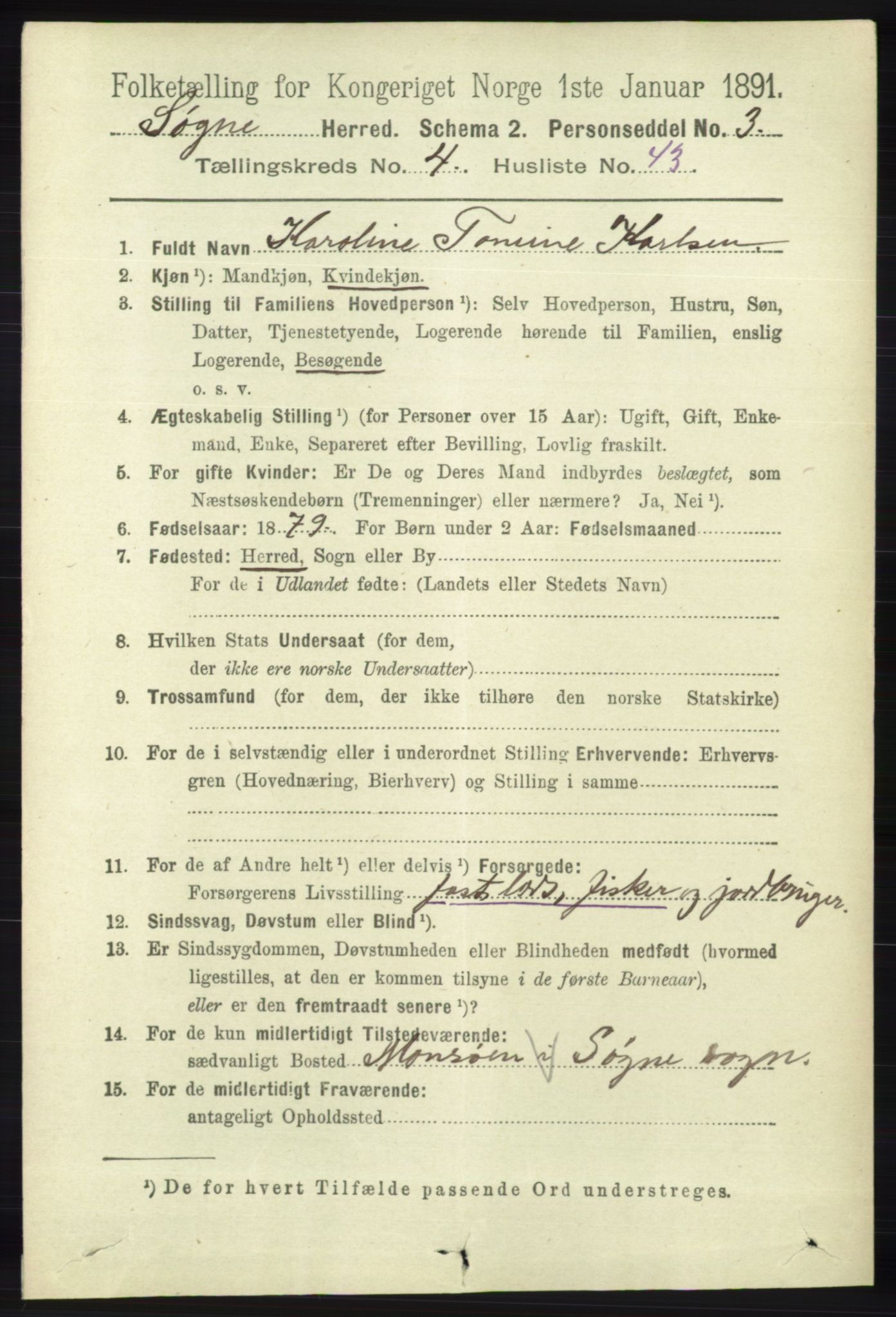 RA, 1891 census for 1018 Søgne, 1891, p. 828