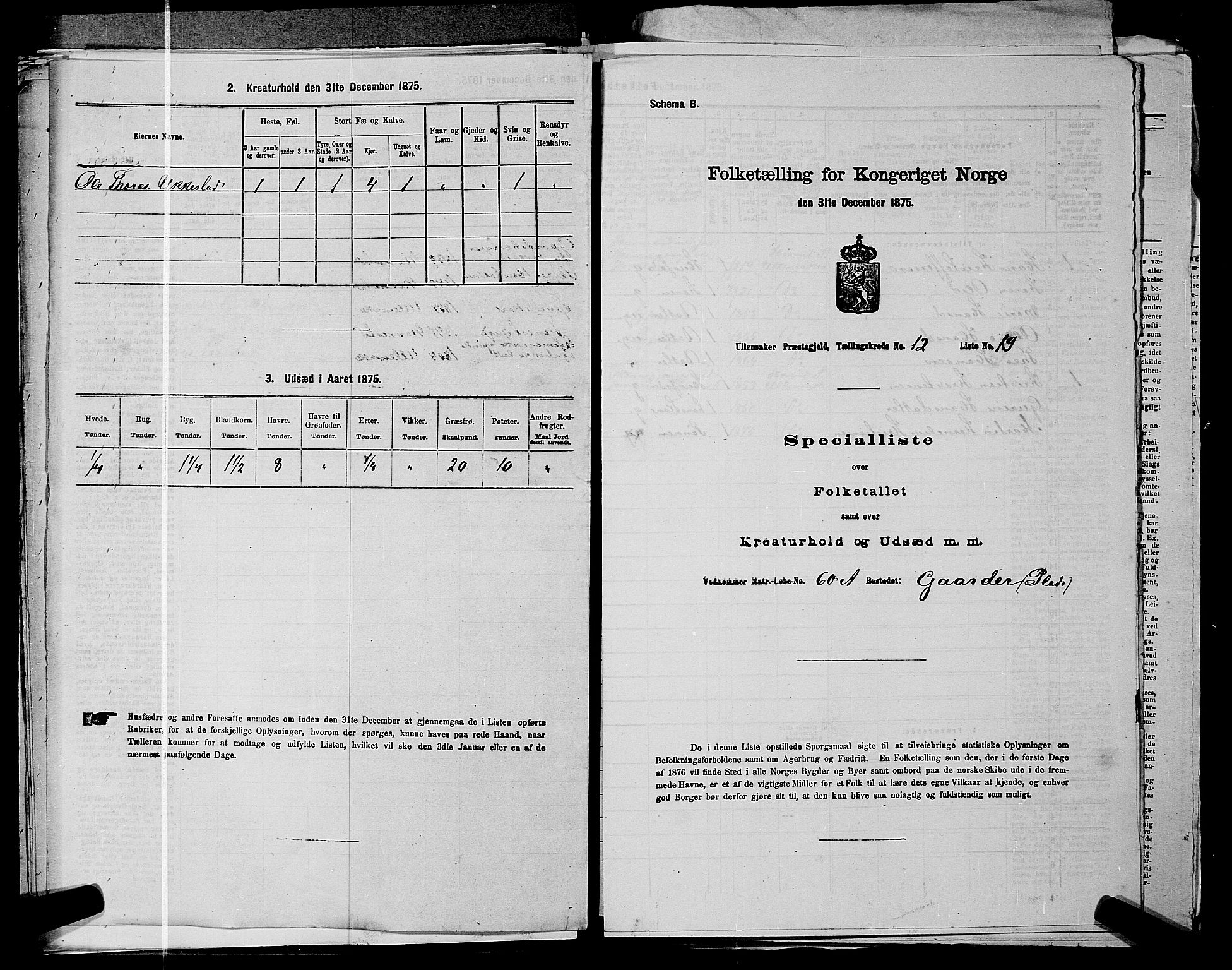 RA, 1875 census for 0235P Ullensaker, 1875, p. 1852