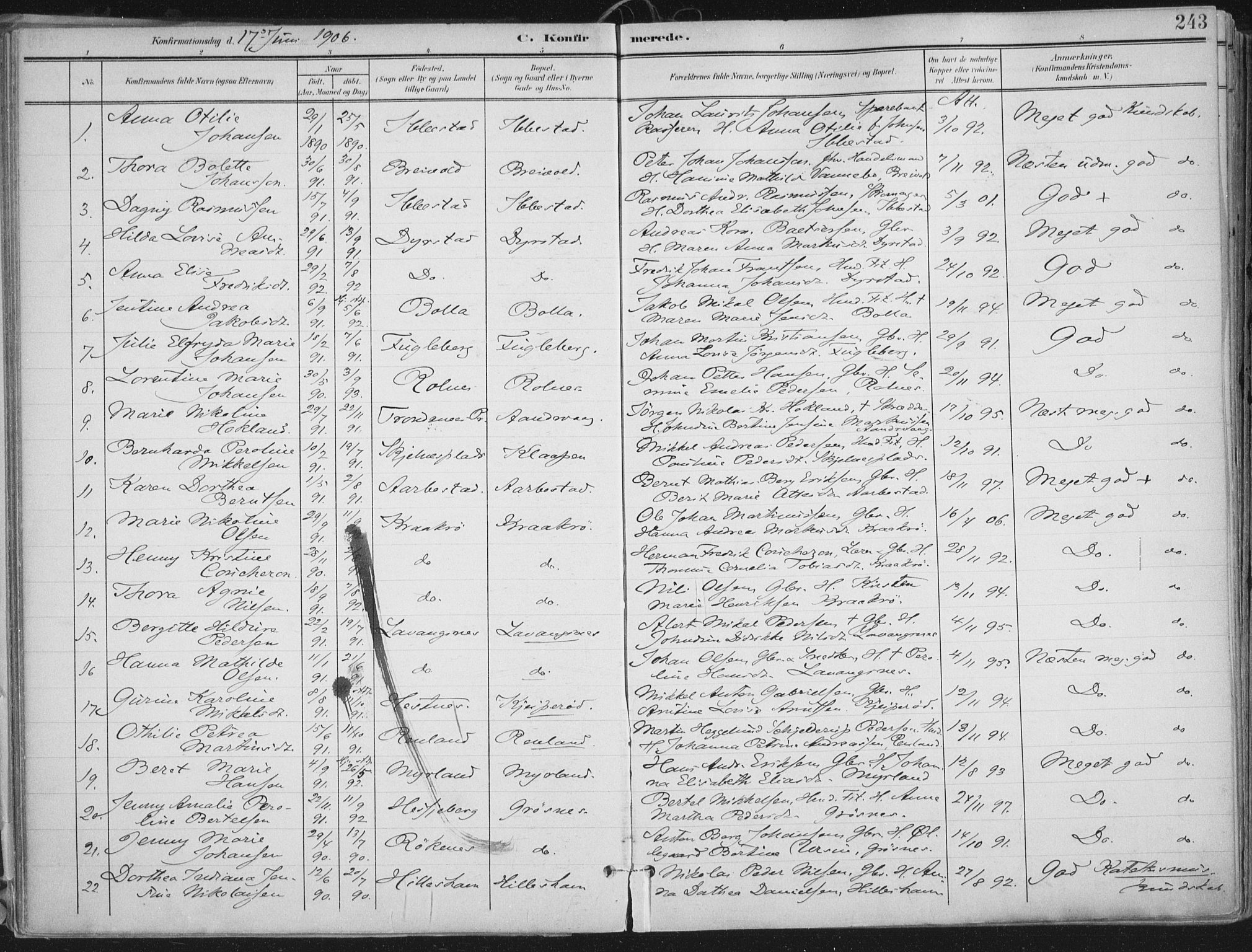 Ibestad sokneprestembete, SATØ/S-0077/H/Ha/Haa/L0017kirke: Parish register (official) no. 17, 1901-1914, p. 243