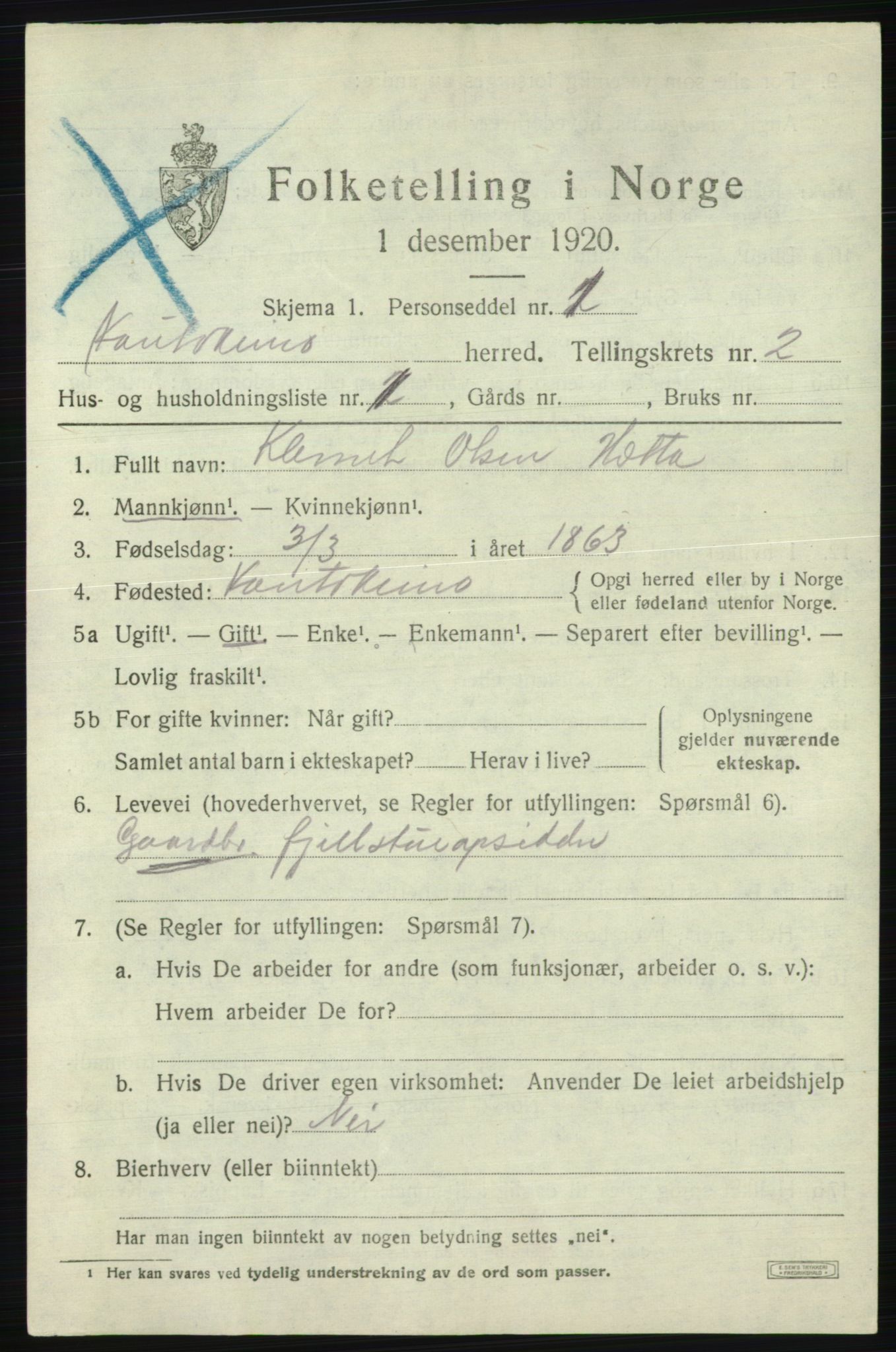 SATØ, 1920 census for Kautokeino, 1920, p. 833