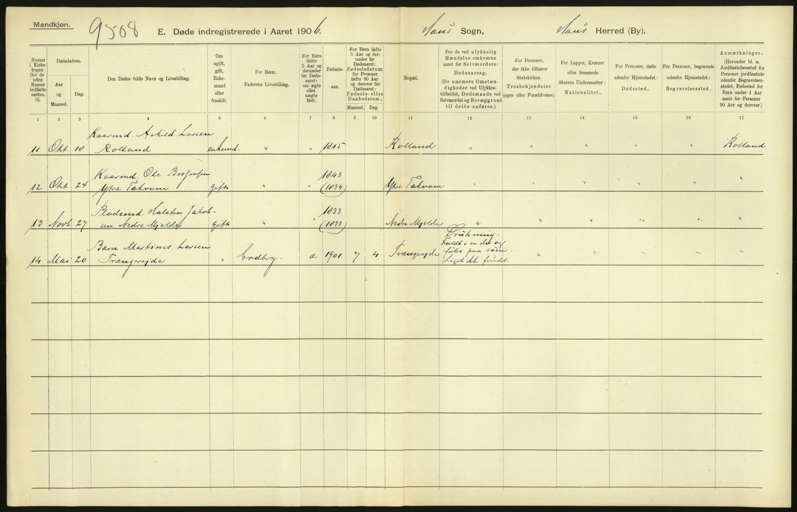 Statistisk sentralbyrå, Sosiodemografiske emner, Befolkning, AV/RA-S-2228/D/Df/Dfa/Dfad/L0030: S. Bergenhus amt: Døde. Bygder., 1906, p. 128