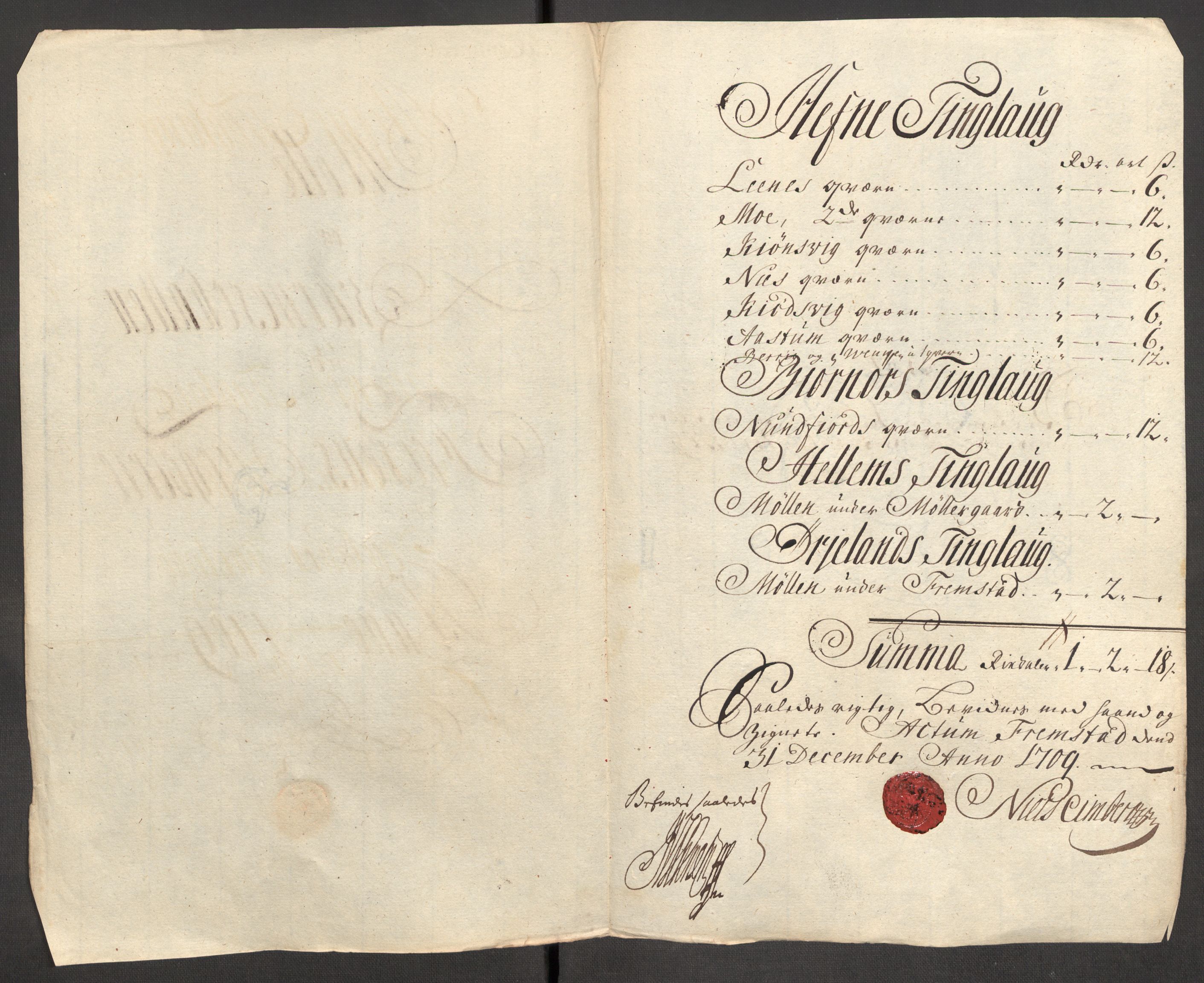 Rentekammeret inntil 1814, Reviderte regnskaper, Fogderegnskap, AV/RA-EA-4092/R57/L3858: Fogderegnskap Fosen, 1708-1709, p. 289